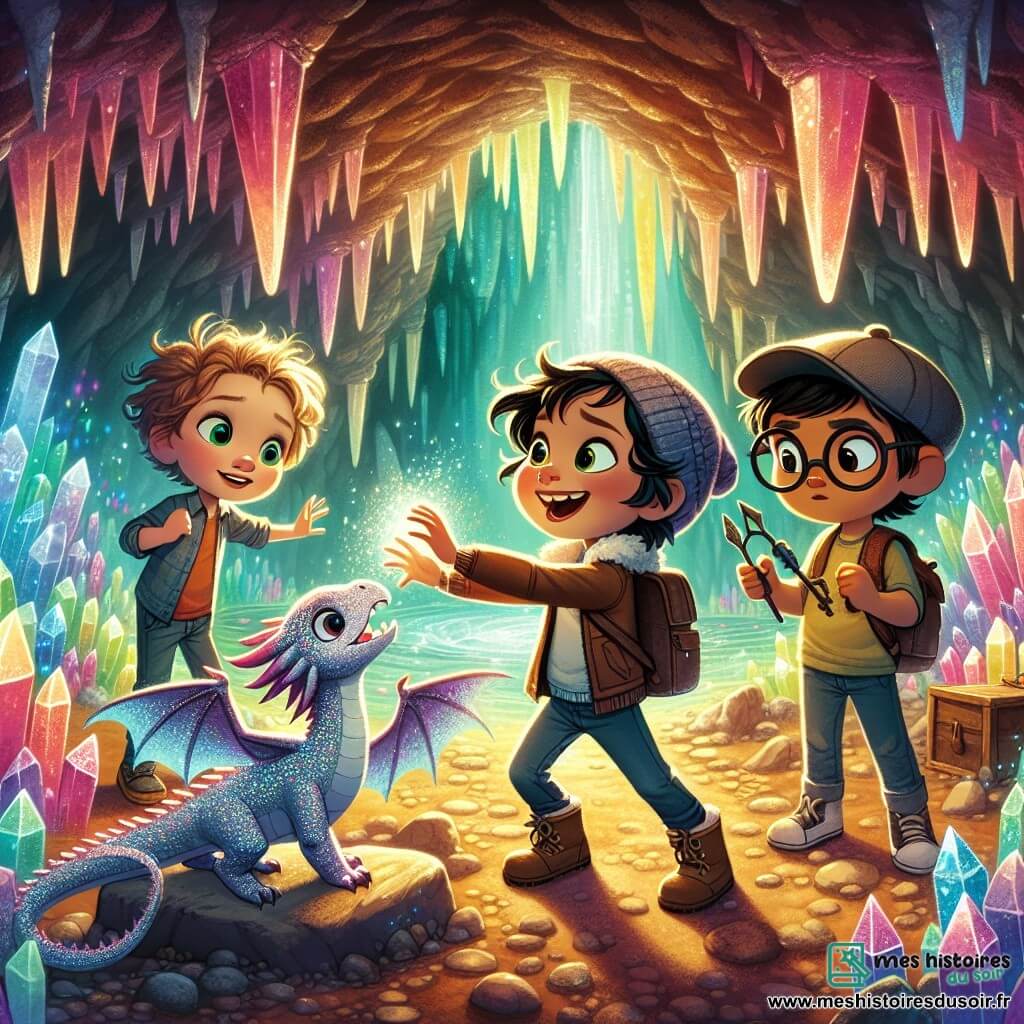 Trois amis, Max, Emma et Lucas, se trouvent dans une caverne magique. Max, 10 ans, est agenouillé et tend la main vers un dragon miniature, tandis qu'Emma, 9 ans, se tient à côté de lui, les bras croisés et un air déterminé. Lucas, également 10 ans, porte des lunettes et une casquette, observant avec curiosité un gadget en forme de catapulte. La caverne est remplie de cristaux scintillants et d'une douce lumière émanant d'un cristal central. Ils s'amusent à capturer le dragon espiègle, créant une scène pleine d'énergie et d'aventure.