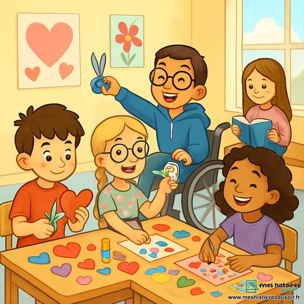 Cinq enfants sont réunis dans une salle de classe lumineuse pour préparer la Saint-Valentin. Léo, un garçon de 10 ans aux cheveux bruns en bataille, découpe un cœur en papier. À ses côtés, Louise, avec des lunettes rondes et des cheveux blonds tressés, sourit en levant des ciseaux. Mia, avec des cheveux châtains bouclés, colle des autocollants sur une carte. Tom, en fauteuil roulant, distribue des autocollants pailletés, tandis que Zoé, avec des cheveux châtain clair, lit un livre sur un banc. L'ambiance est festive et chaleureuse, remplie de rires et de créativité, avec des cœurs en papier éparpillés sur les tables et des murs jaunes décorés de posters colorés.