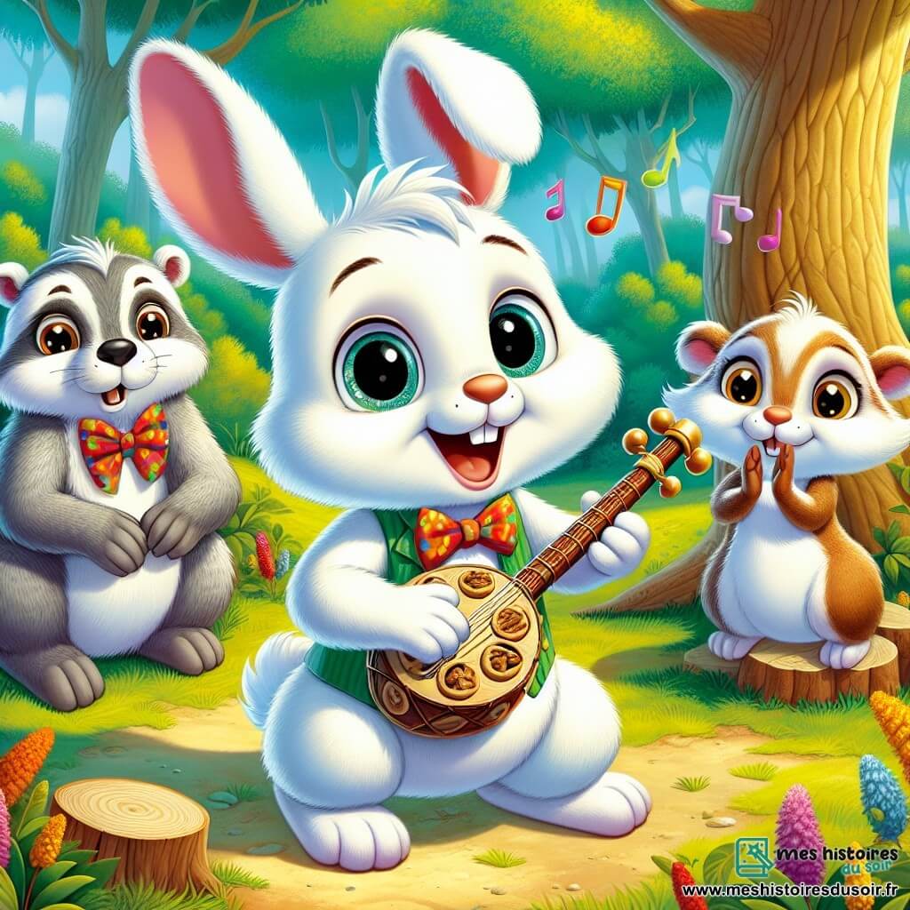 Un jeune lapin nommé Léo, au pelage blanc et doux, se tient au centre de la scène, souriant et jouant une mélodie joyeuse sur un instrument fait de branches et de coquilles de noix. À sa droite, sa sœur, une petite lapine beige, l'encourage avec admiration, tandis qu'à sa gauche, un vieux blaireau gris, assis sur une souche, observe avec surprise et fierté. La scène se déroule dans une clairière ensoleillée de la forêt de Bois-Riant, entourée d'arbres majestueux et de fleurs colorées. Les animaux de la forêt, comme des écureuils et des oiseaux, se rassemblent autour, captivés par la performance de Léo, qui crée une atmosphère festive et joyeuse.