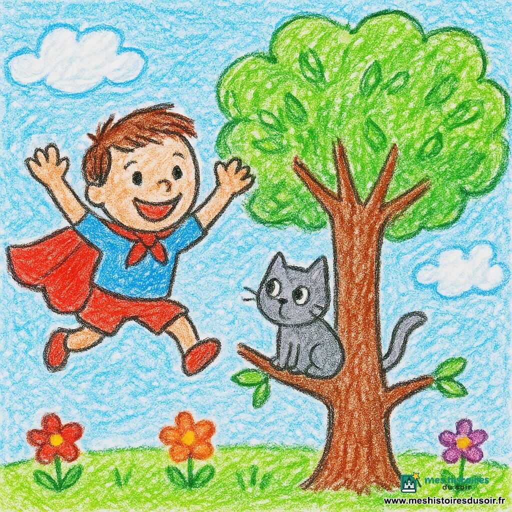 Un garçon nommé Super-Léo, portant une cape rouge, sourit joyeusement en sautant dans les airs. Un petit chat gris, aux yeux écarquillés, est perché sur une branche d'un arbre aux feuilles vertes et brillantes. L'arbre se dresse au centre de l'image. Le ciel est bleu avec quelques nuages blancs. La scène a lieu dans un parc ensoleillé, avec de l'herbe verte et des fleurs colorées.