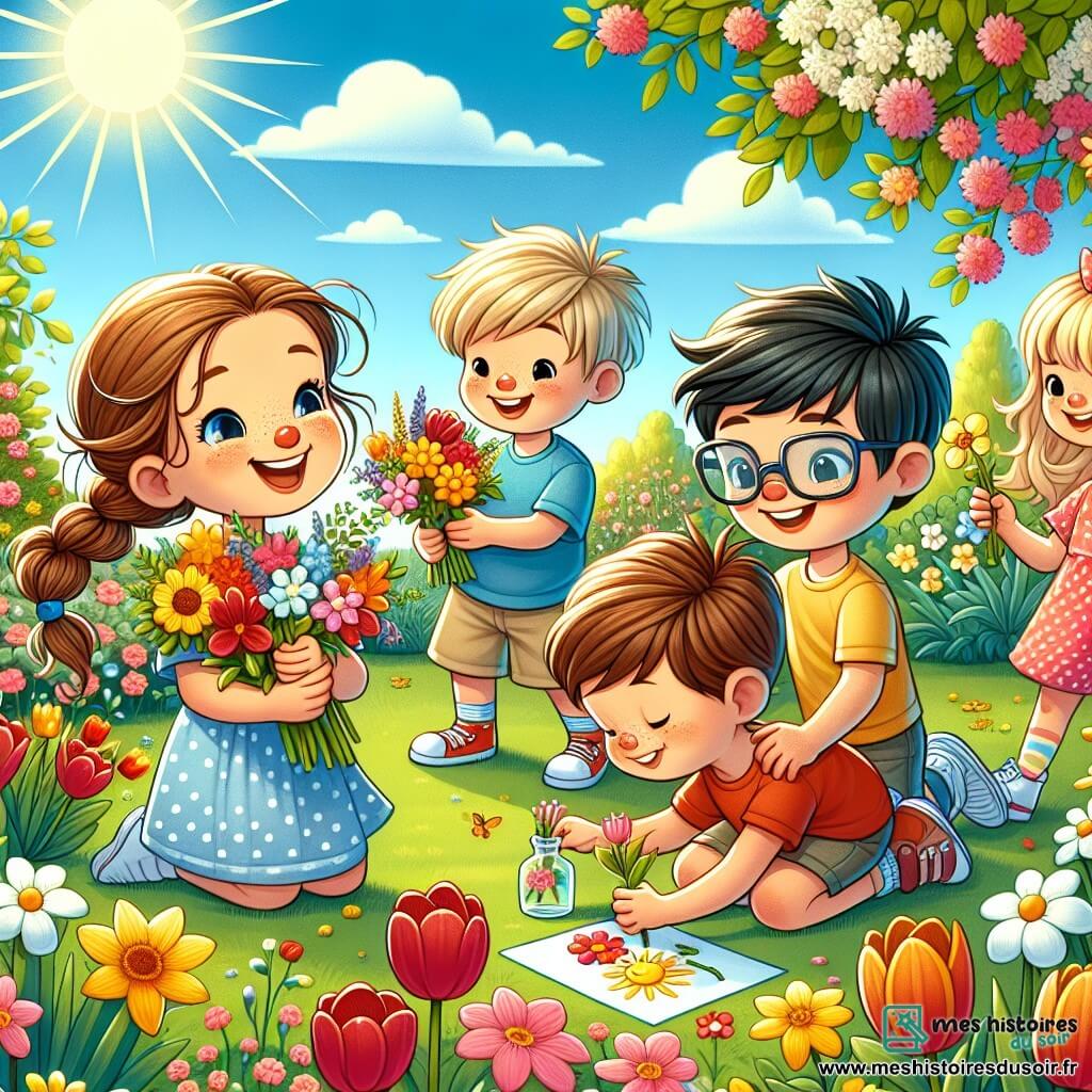 Dans un jardin fleuri, quatre enfants s'amusent. Léo, 7 ans, avec des cheveux bruns en bataille, porte un t-shirt bleu et un short beige, riant avec un bouquet de fleurs. Emma, 6 ans, aux cheveux blonds tressés et en robe rose à pois, ramasse des fleurs jaunes. Sam, 8 ans, avec des lunettes et des cheveux noirs, tient un vase transparent rempli de fleurs. Mia, 7 ans, avec des cheveux châtains et des lunettes de soleil, dessine un soleil sur l'herbe. Le jardin est rempli de tulipes rouges, jonquilles jaunes et marguerites blanches, sous un ciel bleu avec des nuages. Les enfants créent un bouquet coloré et décorent le jardin, célébrant le printemps.