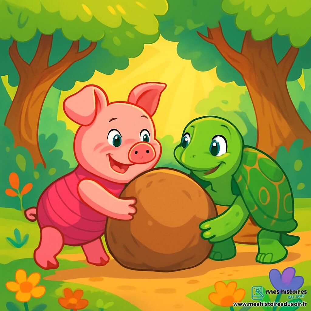 Un cochon nommé Porcinet, avec une peau rose éclatante et des yeux pétillants de curiosité, se tient au centre de la scène, affichant une expression déterminée et joyeuse. À ses côtés, une vieille tortue nommée Tortilla, avec une carapace verte ornée de motifs dorés, regarde Porcinet avec gratitude. La scène se déroule dans une forêt magique, où de grands arbres aux troncs noueux s'élèvent vers le ciel, leurs feuilles vertes filtrant la lumière du soleil. Porcinet et ses amis s'affairent à déplacer un gros rocher, chacun mettant toute son énergie dans cette tâche, tandis qu'un léger vent fait danser les fleurs autour d'eux, ajoutant une touche de magie à cette scène d'entraide et d'amitié.