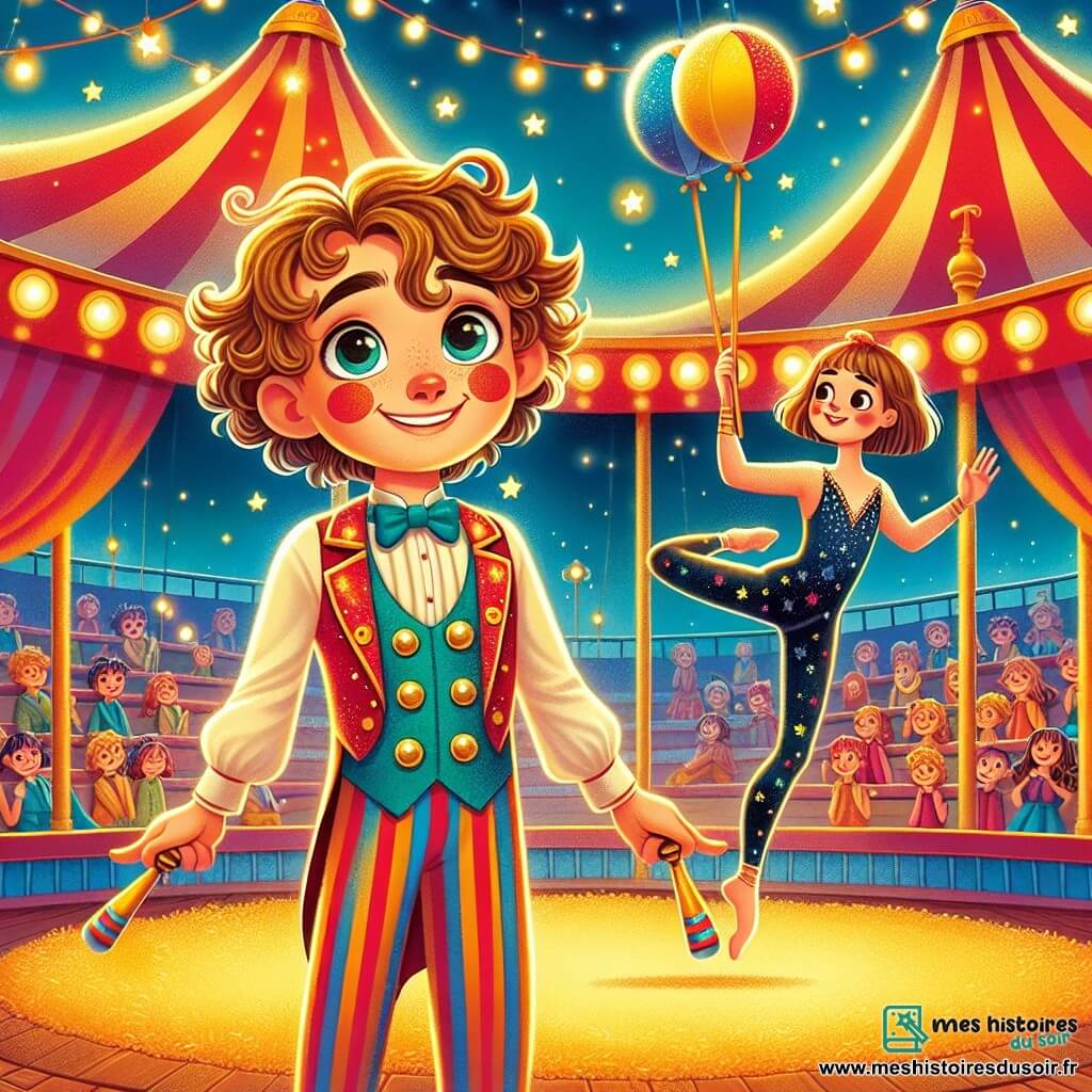 Tambourin, un jeune garçon aux cheveux bouclés et à la peau dorée, se tient au centre d'une piste de cirque, les yeux pétillants d'excitation et un large sourire. Il porte un costume coloré avec des cercles brillants et tient deux bâtonnets scintillants, prêt à faire son numéro. À proximité, Zélie, la trapéziste, est suspendue dans les airs, vêtue d'un justaucorps bleu nuit parsemé d'étoiles, prête à exécuter un saut gracieux. Le chapiteau du Cirque Mirifique, avec ses grandes tentes rouges et dorées, est décoré de guirlandes lumineuses. La sciure recouvre le sol, et des ballons colorés flottent autour, créant une atmosphère festive. Tambourin se prépare à donner le signal pour le numéro, tandis que le public retient son souffle, impatient de découvrir la magie du cirque.
