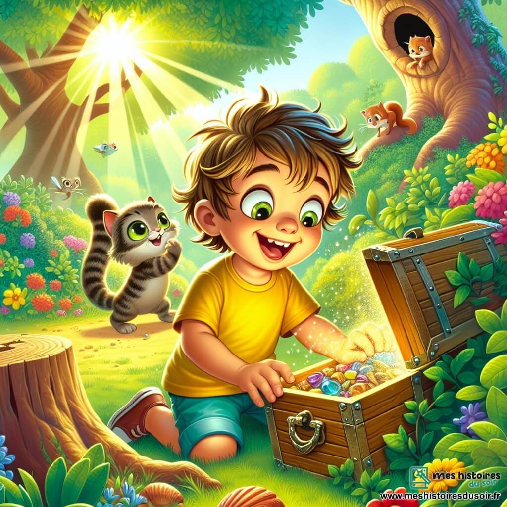 Un petit garçon de 4 ans, Hugo, aux cheveux châtains en bataille et aux yeux curieux, est accroupi dans un jardin verdoyant. Il porte un t-shirt jaune et un short bleu, affichant une grande joie en découvrant un trésor caché. À ses côtés, son chat rayé Filou, avec un pelage doux et des yeux verts, se tient debout, regardant la boîte avec malice. Le jardin est rempli de fleurs colorées et d'arbres feuillus, avec un vieux tronc d'arbre en arrière-plan. La lumière du soleil crée des ombres sur le sol. Hugo ouvre une boîte en bois délicatement ornée, révélant des pierres scintillantes et des coquillages, tandis qu'un écureuil roux les observe depuis une branche.