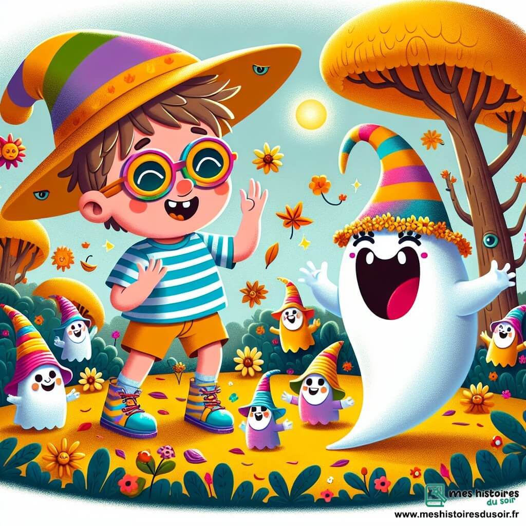 Un fantôme nommé Fantomino, avec un corps translucide et des yeux malicieux, porte un chapeau de paille coloré et des lunettes de soleil. Il flotte joyeusement dans les airs, riant en agitant sa main. À ses côtés, Léo, un garçon de 8 ans aux cheveux bruns en bataille et t-shirt rayé, sourit en tenant une feuille dorée. Ils se trouvent dans une clairière enchantée de la Forêt des Curiosités, entourés d'arbres multicolores et de fleurs dansant au vent. Ils découvrent un groupe de Lutins des Saisons dansant autour d'un tas de feuilles dorées, créant une ambiance festive et magique.