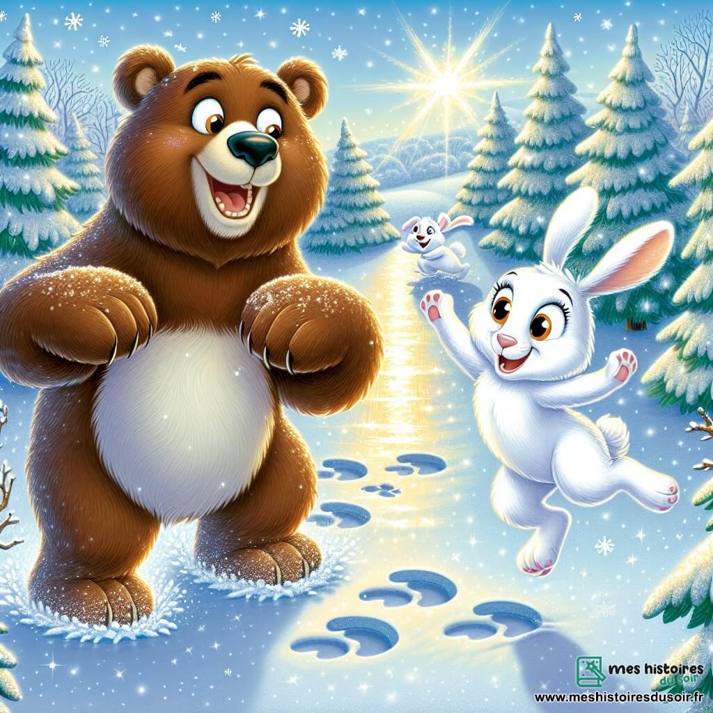 Oscar l'ours, un grand ours brun joyeux, saute dans la neige, laissant des empreintes. Il sourit, enthousiaste pour l'hiver. À côté, Léa le lièvre, toute blanche avec de grandes oreilles, bondit avec légèreté, ses yeux brillants de bonheur. La scène se déroule dans une forêt magique avec des arbres couverts de neige et un ciel bleu éclatant. Le soleil illumine le paysage. Oscar et Léa s'amusent à faire des anges dans la neige, riant ensemble et profitant de la beauté de l'hiver.