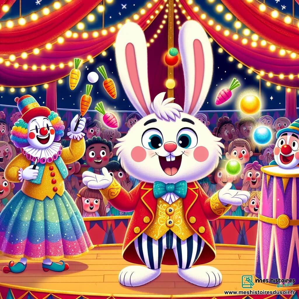 Titou le lapin, un petit lapin aux grandes oreilles, porte une veste rouge à boutons dorés et sourit d'excitation en jonglant avec des carottes colorées. À côté, un clown au nez rouge et aux cheveux multicolores rit en jonglant avec des balles brillantes, tandis qu'une magicienne en robe étincelante observe avec un sourire bienveillant, prête à l'aider. Le chapiteau du cirque, immense et coloré, est décoré de guirlandes lumineuses, créant une ambiance festive. Des spectateurs, enfants et adultes, remplissent les bancs en bois, applaudissant avec enthousiasme. La scène montre Titou en plein spectacle, réalisant un tour de magie comique avec les carottes, tandis que le public rit et applaudit, créant une atmosphère joyeuse et magique.