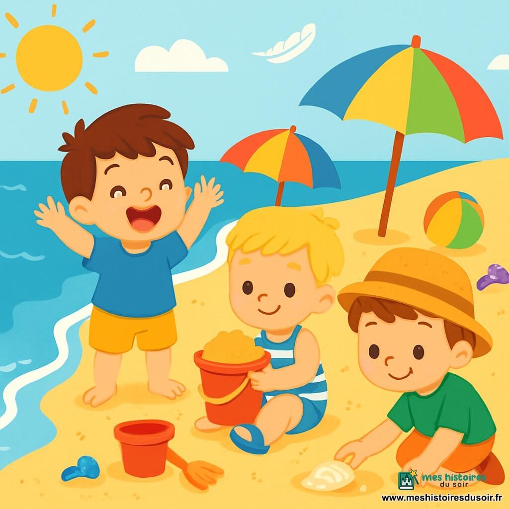 Il y a trois garçons de 2 ans : Léo, avec des cheveux bruns et un t-shirt bleu, est debout près de l'eau, riant ; Tim, aux cheveux blonds et en maillot rayé, est assis dans le sable avec un seau rouge ; Noé, avec des cheveux châtains et un t-shirt vert, est accroupi, touchant un coquillage. La scène se déroule sur une plage ensoleillée avec du sable doré, une mer bleue et des parasols colorés. Les garçons jouent joyeusement, riant et construisant un château de sable, tandis qu'une plume vole dans le vent.