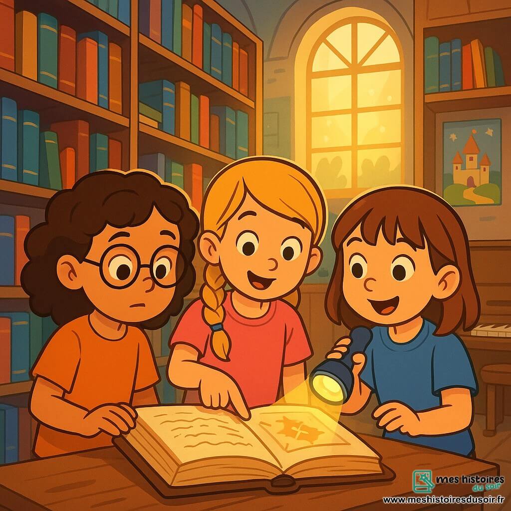 Trois filles de 8 ans, Emma, Chloé et Léa, se trouvent dans une bibliothèque magique. Emma, avec des cheveux bruns bouclés et des lunettes, examine un vieux livre. Chloé, aux cheveux blonds tressés et en t-shirt rose, montre un dessin mystérieux. Léa, avec des cheveux châtains et une frange, éclaire leur découverte avec une lampe de poche. La bibliothèque, remplie de livres colorés et baignée de lumière, crée une atmosphère chaleureuse. Elles découvrent un carnet mystérieux parlant d'un trésor caché à l'école et s'apprêtent à déchiffrer des indices pour une grande aventure.