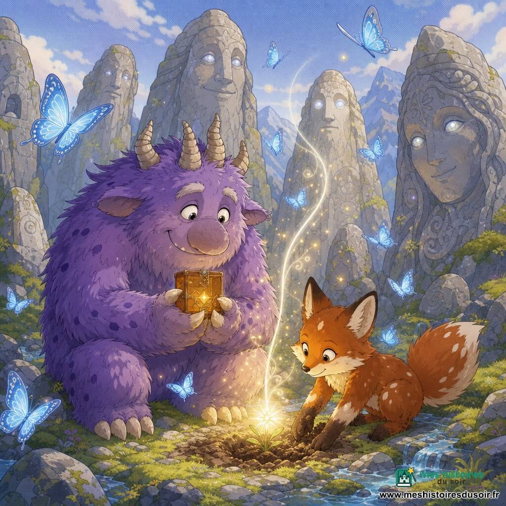 Mistigrol, monstre poilu violet au grand cœur, trois cornes tordues, gros nez en patate et larges griffes, tient contre sa poitrine une petite boîte d'ambre contenant une graine d'étoile dorée tandis que Zabelle, renarde femelle au pelage roux brûlé et taches blanches, accroupie, malicieuse et encourageante, pattes pleines de terre, l'aide à planter la graine au pied d'une statue sur le col d'Opaline — un plateau montagneux moussu parsemé de ruisseaux et de statues de pierre anciennes au regard bienveillant — tandis qu'une tige de lumière argentée jaillit déjà, illuminant leurs visages, des papillons bleus aux ailes argentées tourbillonnent et des paillettes dorées flottent dans l'air.