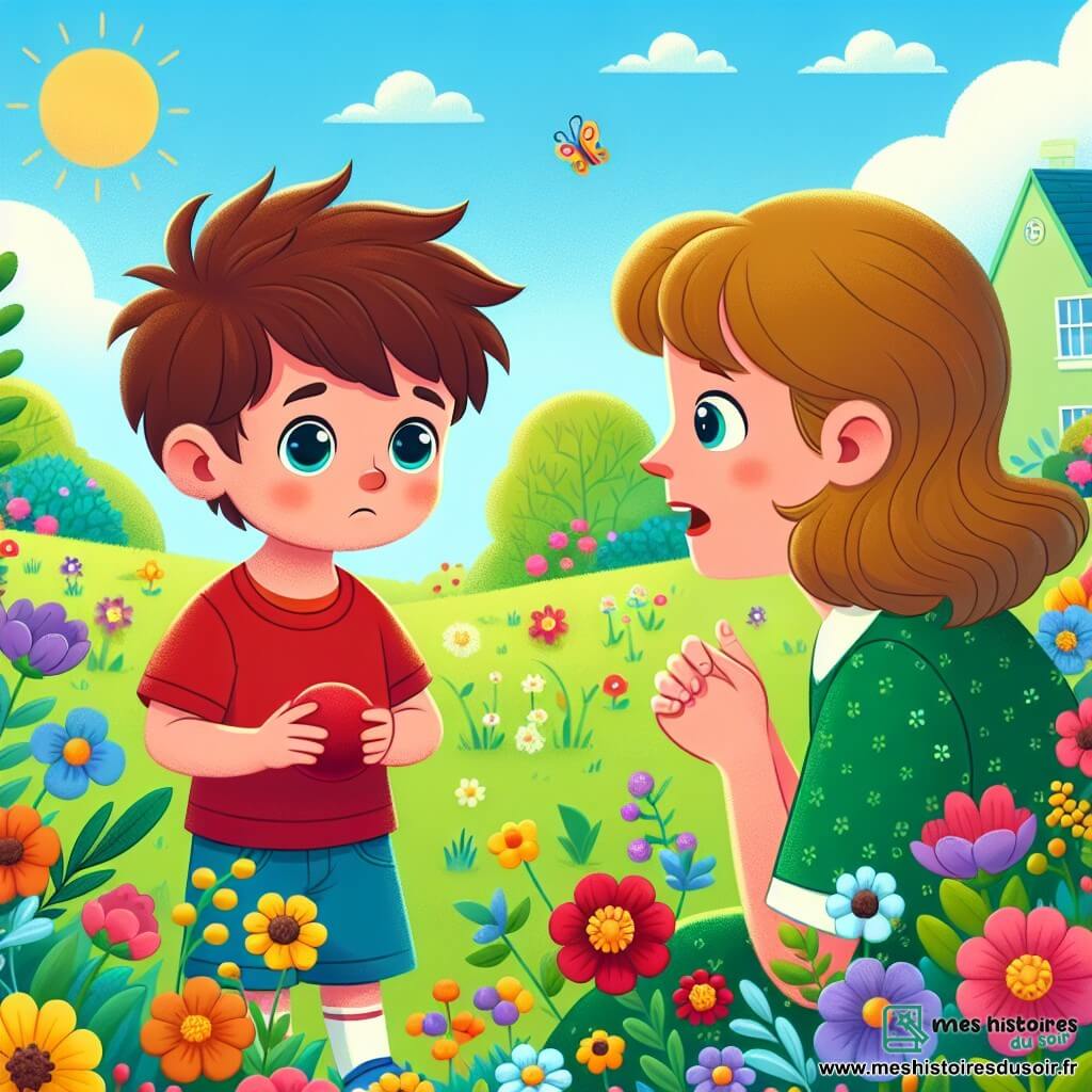 Un petit garçon de 4 ans, Lucas, avec des cheveux bruns en bataille et des yeux curieux, se tient dans un jardin ensoleillé. Il porte un t-shirt rouge et un short bleu, semblant un peu triste en cherchant sa balle rouge parmi les fleurs. Sa maman, une femme d'environ 30 ans avec des cheveux longs et blonds, s'accroupit à côté de lui dans une robe verte, lui parlant doucement avec un regard bienveillant. Le jardin est rempli de fleurs éclatantes et de papillons, et au fond se trouve une petite maison verte. Lucas, confus, réalise qu'il a menti à sa maman sur le rangement de sa balle, tandis qu'elle lui enseigne l'importance de l'honnêteté.