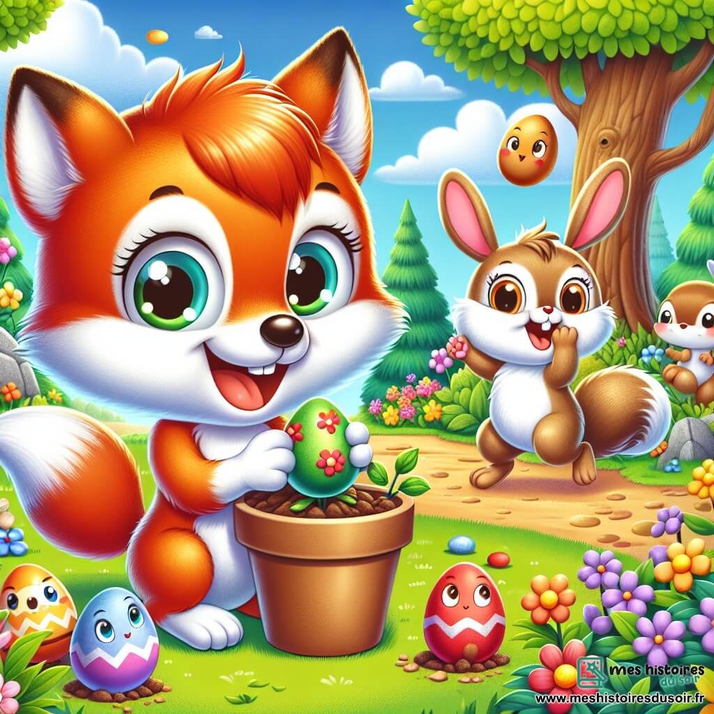 Petit Renard, un renard aux poils roux et aux yeux curieux, plante une graine dans un pot en terre, souriant de joie. À côté, Lapinou, un petit lapin aux grandes oreilles et à la fourrure blanche, saute en tenant un œuf coloré, ravi. Non loin, Noisette, un écureuil brun aux yeux malicieux, cherche un œuf caché derrière un buisson, concentré. La scène se déroule dans une clairière ensoleillée, entourée d'arbres majestueux et de fleurs colorées, sous un ciel bleu parsemé de nuages. Petit Renard et ses amis sont en pleine activité de plantation de fleurs et de chasse aux œufs, célébrant joyeusement l'arrivée du printemps.