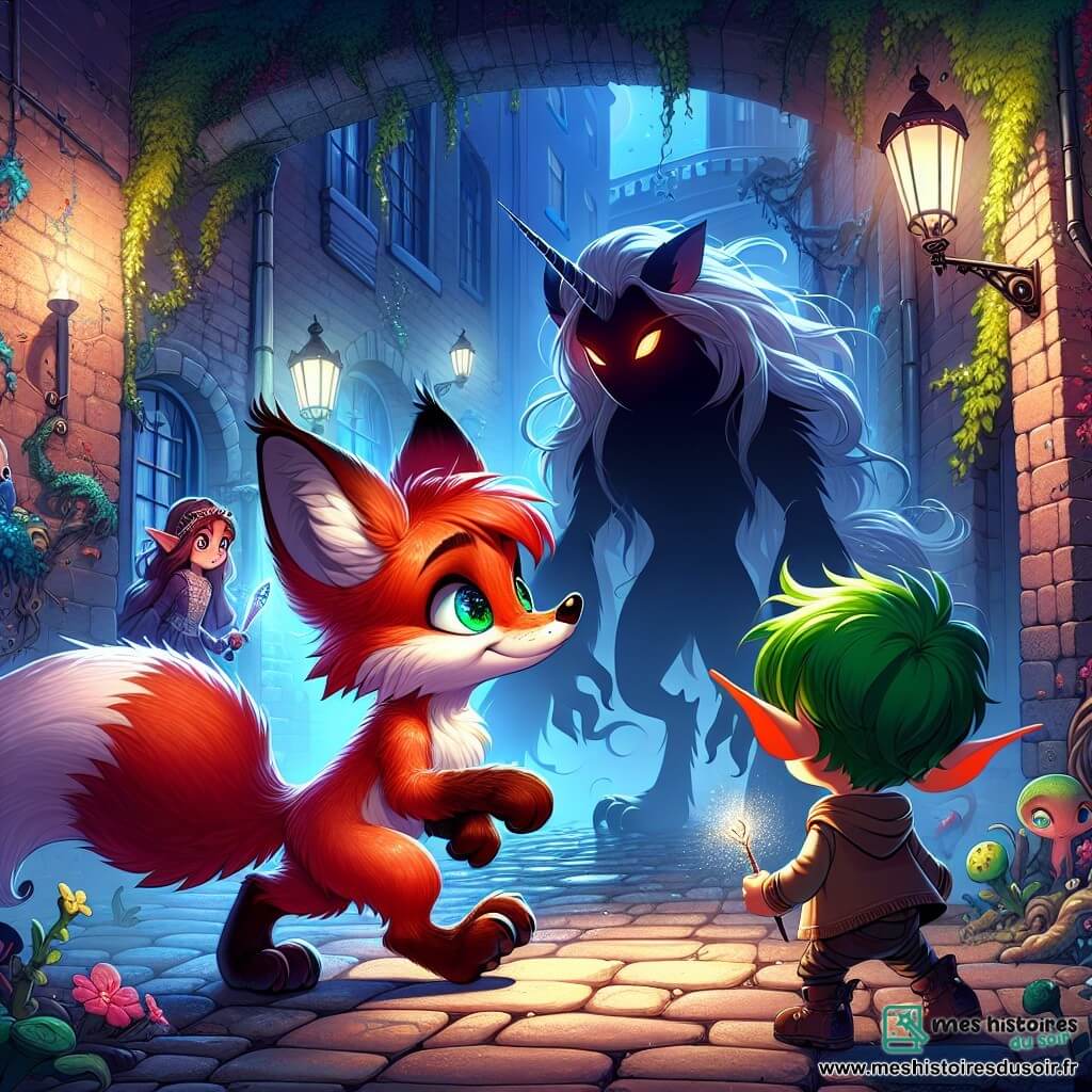 Filou, un renard rusé au pelage roux et aux yeux curieux, se tient au centre, prêt à affronter une ombre menaçante. À sa droite, Sirus, un lutin aux cheveux verts et à la peau écarlate, regarde avec détermination, brandissant une petite épée. En arrière-plan, une licorne majestueuse, avec une crinière argentée, observe la scène, prête à intervenir. La scène se déroule dans une ruelle sombre, avec des murs de briques recouverts de lierre et de graffiti, tandis que des lampadaires projettent des ombres sur le pavé humide. Filou et Sirus se préparent à combattre une silhouette d'ombre, créant une atmosphère de tension et de magie.