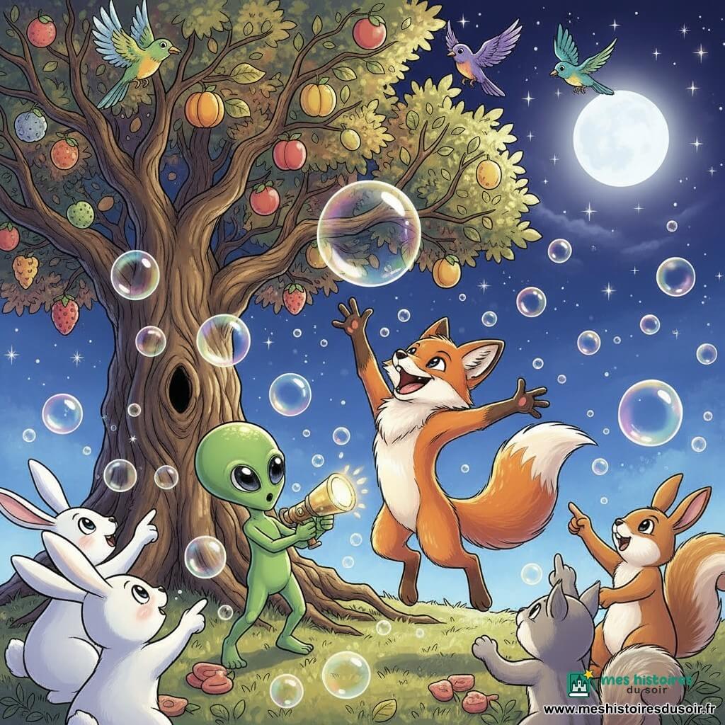 Félix, renard roux à la fourrure brillante, saute pour attraper une grosse bulle scintillante tandis que Zog, petit extraterrestre vert aux yeux ronds, tient un appareil à bulles à sa gauche ; un vieux chêne fruité occupe l'arrière-plan, des lapins et écureuils applaudissent en demi‑cercle, des oiseaux colorés volètent au-dessus sous un ciel indigo étoilé et une lune douce, des bulles iridescentes flottent partout — ambiance festive et magique, composition centrée sur Félix et Zog, couleurs vives, traits manga et contours nets.