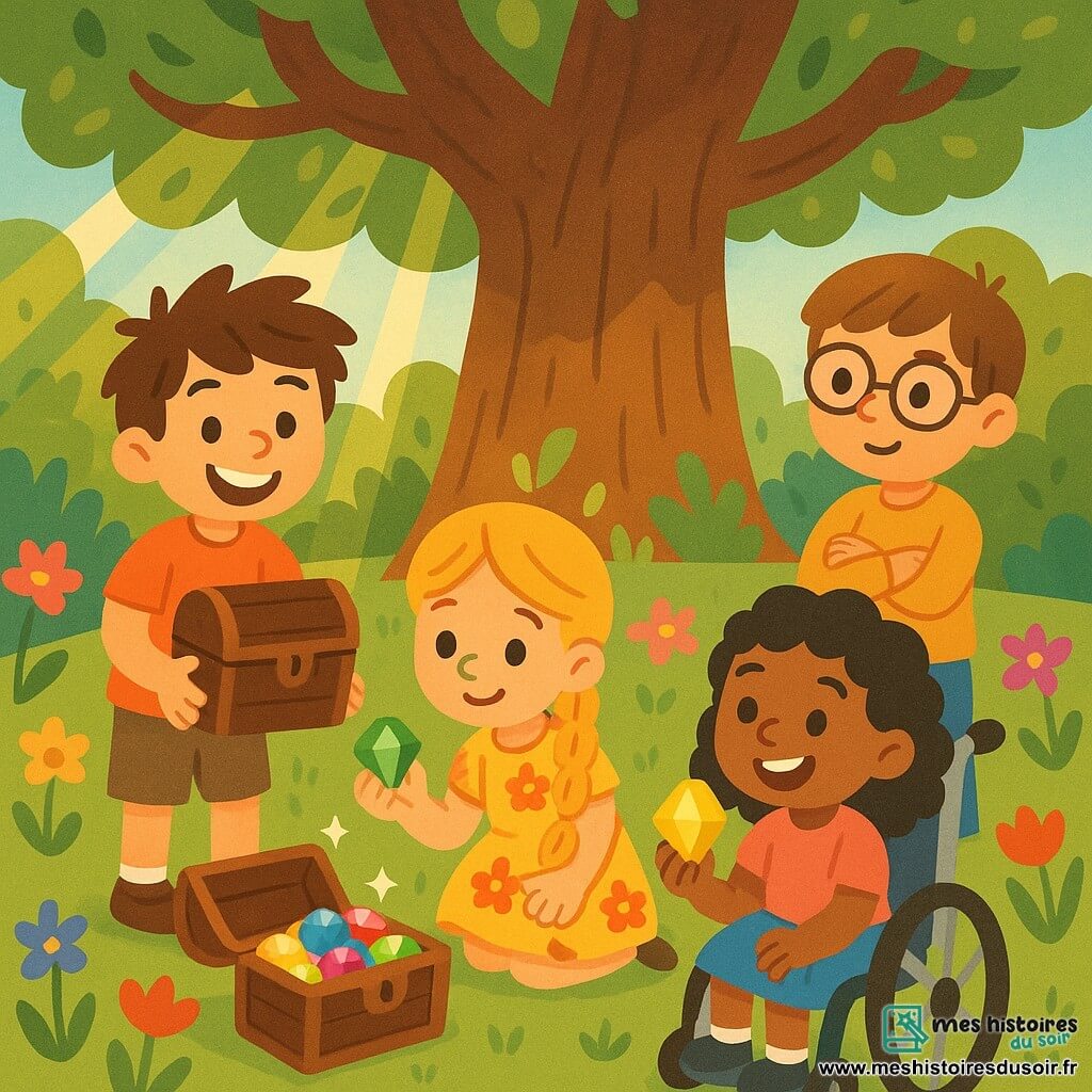 Quatre enfants sont réunis dans un jardin magique : Léo, 8 ans, a des cheveux bruns en bataille et un grand sourire. Il tient un petit coffre rouillé, les yeux brillants d'excitation. Mia, 7 ans, a de longs cheveux blonds tressés et porte une robe fleurie. Elle est accroupie près de Léo, examinant une pierre précieuse verte. Jules, 8 ans, a des cheveux châtains et des lunettes rondes. Il se tient en retrait, les bras croisés, observant le coffre avec curiosité. Zoe, 7 ans, a des cheveux noirs bouclés et un grand sourire. Elle est assise sur son fauteuil roulant, tenant une pierre jaune étincelante. Le jardin est rempli de fleurs colorées et d'un vieux chêne majestueux. Les enfants découvrent ensemble un trésor caché dans le jardin, un coffre rempli de pierres précieuses, symbolisant leur amitié et leur esprit d'aventure.