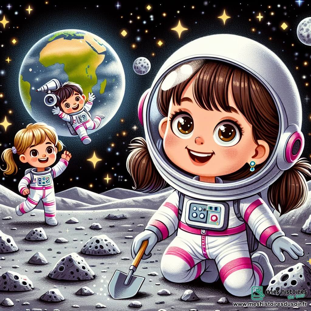 Sophie, une astronaute souriante, flotte dans l'espace en combinaison spatiale blanche avec des couleurs vives. Elle ramasse des pierres lunaires avec une pelle, ses cheveux bruns flottant autour de son visage. À proximité, un petit garçon de 8 ans, admiratif, porte une casquette d'astronaute et tient un télescope. Une petite fille de 6 ans, avec des couettes et une combinaison rose, saute de joie, les bras levés vers le ciel étoilé. Le paysage lunaire est composé de cratères gris et de rochers scintillants sous un ciel noir parsemé d'étoiles, avec la Terre visible au loin. Sophie et ses jeunes amis sont émerveillés par la beauté de l'espace, prêts pour une aventure incroyable ensemble.