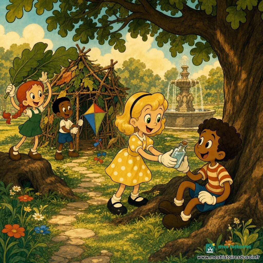 Emma, 6 ans, joyeuse et bienveillante, cheveux blonds mi-longs, yeux verts, robe jaune à pois blancs, tend une petite bouteille d'eau sucrée à son ami Paul, ~7 ans, peau mate, cheveux bouclés bruns, assis sous un grand chêne, soulagé et reconnaissant ; Léa, ~6 ans, peau claire, tresse rousse, debout sur une racine à gauche, tient de grandes feuilles pour le toit de la cabane ; Max, ~6–7 ans, peau foncée, cheveux courts, souriant, tient un cerf-volant multicolore près de la cabane en branches et feuilles ; lieu : parc herbeux au soleil avec grandes racines, fontaine en pierre, fleurs sauvages et chemin de pierres ; scène chaleureuse et coopérative, ambiance de camaraderie et lumière dorée d'un début d'après-midi.