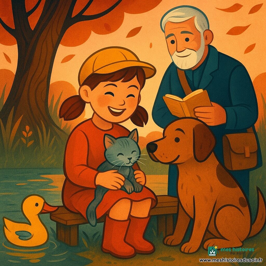 Une fillette de 6 ans, joyeuse et fière, cheveux châtains en couettes, bottes rouges et casquette jaune, tient un chaton gris mouillé sur ses genoux en souriant, assise sur une planche près d'une mare; à sa droite un grand chien affectueux aux poils bruns tachetés pose la tête contre ses genoux, à gauche un canard jaune avec une petite plume bleue barbote dans l'eau. Derrière elle, un homme d'environ 70 ans au sourire bienveillant, vêtu chaudement avec un sac en bandoulière, tient un petit livre doré ouvert et regarde la scène. Le jardin au crépuscule, avec un vieux chêne, herbes hautes, petites fleurs, mare reflétant un ciel rose-orangé, feuilles qui volent, traces de pattes dans la boue, lumière chaude et ombres longues, palette douce et contrastée.