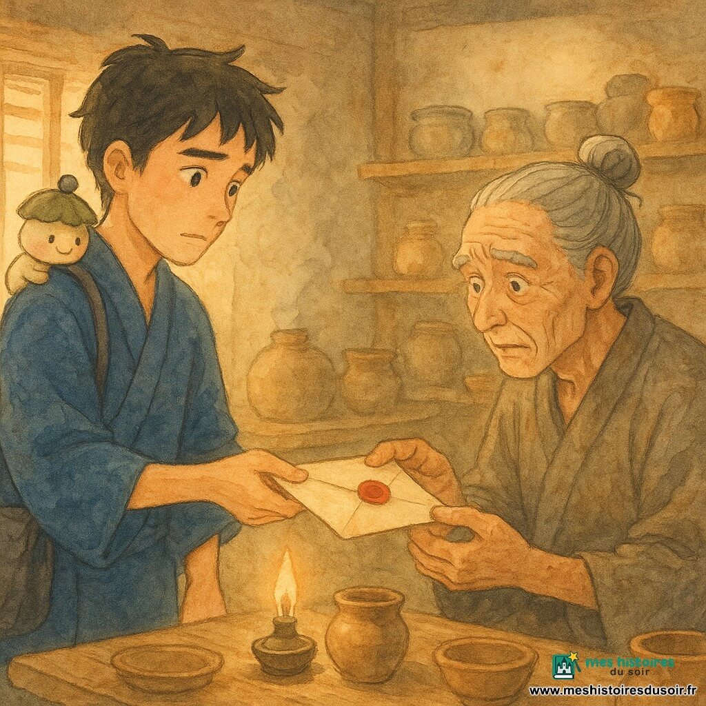 Haru, jeune homme au visage doux et légèrement anxieux en kimono indigo, tend un parchemin scellé rouge au vieux potier d'environ 70 ans aux mains tâchées d'argile qui rompt le sceau, tandis que Sumi, petit esprit crème et vert mousse coiffé d'un gland, observe depuis l'épaule de Haru dans un atelier de potier traditionnel aux étagères de céramiques, sol de terre battue et four fumant, éclairés par une lampe à huile et des rayons dorés, ambiance intime et chaleureuse aux couleurs aquarelle (ocres, bruns, indigo, rouge).
