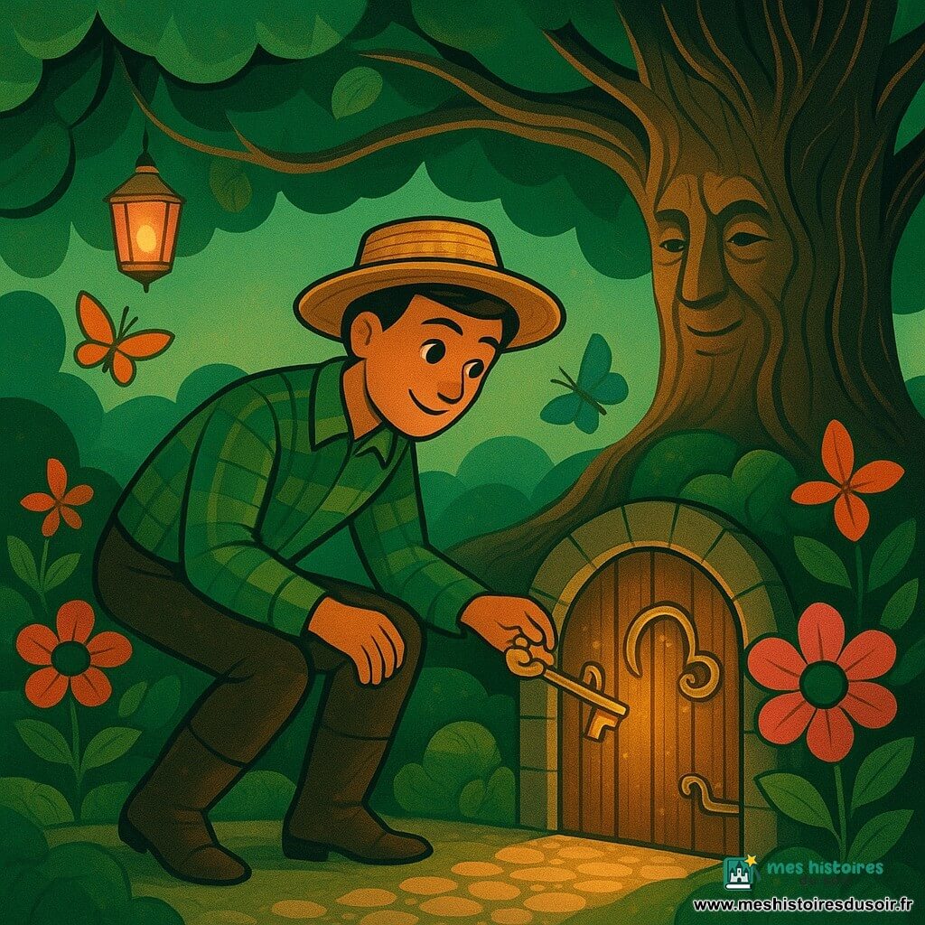 Maxime, au sourire doux et aux yeux émerveillés, penché pour tourner une petite clé dorée dans une minuscule porte en bois cachée dans une pierre ; derrière la porte se dresse un vieil arbre majestueux à l'écorce fissurée qui émet une lueur chaude, ses branches formant une voûte au-dessus de lui ; des fleurs colorées forment un cercle autour de la porte avec des papillons orange et bleus, un petit oiseau bleu observe depuis une branche, le jardin enchanté présente murets de pierre moussus, buissons ronds, chemins de gravier et herbe verte brillante, des lanternes en verre rose diffusent une lumière douce, la porte ornée de ferrures en laiton laisse échapper une lumière dorée et une légère poussière d'étoiles — ambiance chaleureuse et magique, couleurs saturées (verts émeraude, ors chauds, roses doux) et textures art déco, composition centrée sur l'instant où la clé tourne dans la serrure.