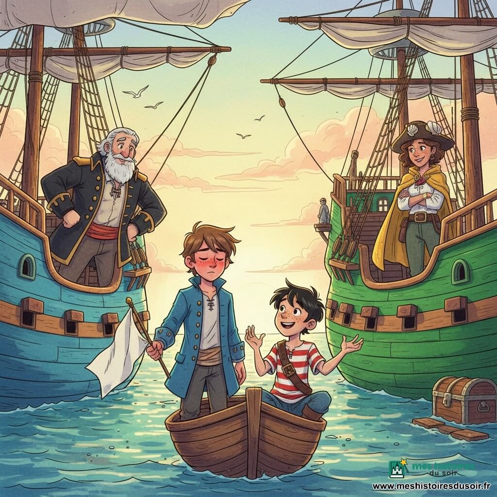 Timothée, un garçon d'une douzaine d'années, rougit profondément, vêtu d'une veste de pirate bleue un peu grande et tenant un petit drapeau blanc dans une barque entre deux navires; Pablo, un garçon d'environ 11 ans, accroupi dans la barque, sourit et gesticule pour détendre l'atmosphère; sur le pont d'un navire, le Capitaine Barbeblanche, homme imposant à la barbe blanche et veste sombre, observe avec surprise et un demi-sourire, tandis que sur le pont opposé la Capitaine Marée-Soleil, en cape jaune et chapeau orné, regarde Timothée avec fierté et bienveillance; décor : deux grands navires en bois bleu et vert rapprochés sur une mer calme au ciel pastel, reflets bleus et verts, mouettes en silhouette, cordages et voiles texturés, planches détaillées et un coffre ancien visible; scène : rencontre pacifique et courageuse, barque centrale avec le drapeau blanc, ambiance de tension adoucie par une lumière dorée de fin d’après-midi, traits à l’encre marqués et lavis colorés doux pour souligner l’émotion enfantine.