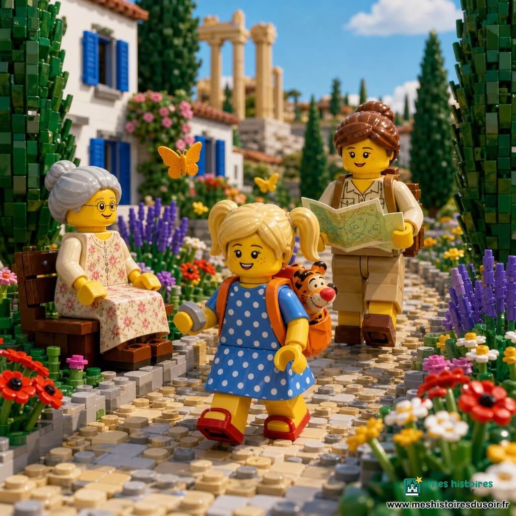 Anna, 6 ans, cheveux blonds en couettes, souriante, porte une robe bleue à pois blancs, sandales rouges, tient un petit caillou lisse ; son doudou Tigrou dépasse d'un sac à dos orange. Sa mère (environ 30 ans), cheveux châtains attachés, tenue beige de marche, souriante, suit en tenant une carte pliée. Une vieille dame assise sur un banc à gauche du chemin, cheveux gris en chignon, robe fleurie, sourit en regardant Anna. Sentier pavé étroit bordé de cyprès et de fleurs sauvages (lavande, coquelicots, marguerites), maisons blanches aux volets bleus et, au loin, colonnes de ruines antiques ocre sous un ciel bleu clair. Anna marche, entourée de papillons jaunes et orange, l'atmosphère est lumineuse et curieuse, découverte paisible du paysage vers les ruines. Style diorama LEGO lumineux, briques texturées, couleurs saturées, ombres douces, expressions expressives et silhouettes simples.