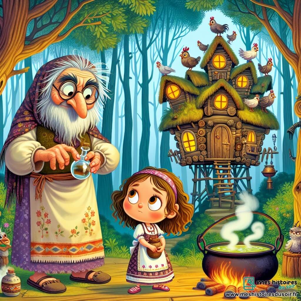 Une petite fille de 3 ans, Macha, avec de grands yeux curieux et des cheveux bouclés, se tient devant une maison étrange aux pattes de poulet, souriante et tenant une petite bouteille brillante. À côté d'elle, Baba Yaga, une sorcière âgée d'environ 70 ans, observe Macha avec amusement. Elle porte une robe rapiécée et se tient près d'un chaudron fumant, entourée de bocaux mystérieux. La scène se déroule dans une forêt dense, avec des arbres majestueux. La maison de Baba Yaga, perchée sur des pattes de poulet, tourne lentement, ajoutant une touche magique. Macha, après avoir nettoyé la maison de la sorcière, reçoit la potion qui sauvera son frère, illustrant leur rencontre et l'échange de respect et de courage entre elles.