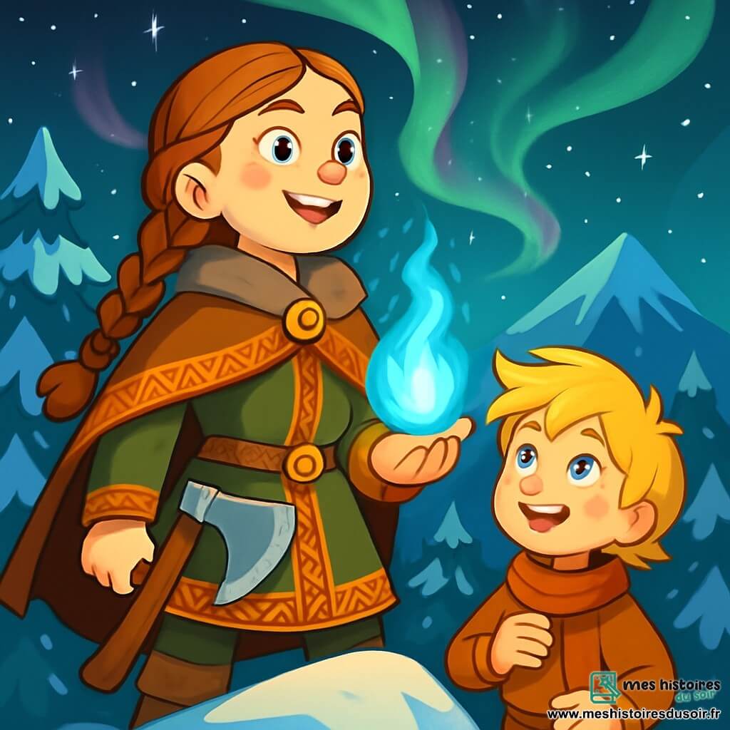 Brynhild, une jeune Viking aux cheveux tressés couleur d’écorce, se tient fièrement au sommet d'une montagne enneigée, son visage illuminé par une lueur de détermination. Elle porte un manteau de laine épais orné de motifs nordiques, et une hache brillante est accrochée à sa ceinture. À ses côtés, Eirik, un garçon de dix ans aux joues roses et aux yeux pétillants, admire la flamme bleue du feu sacré, ses cheveux blonds flottant dans le vent. Le paysage majestueux est composé de sapins géants couverts de neige scintillante, tandis qu'un ciel étoilé avec des aurores boréales illumine la scène. Brynhild, tenant la lumière sacrée, se prépare à ramener chaleur et lumière au village, le vent frais apportant l'écho des légendes nordiques.