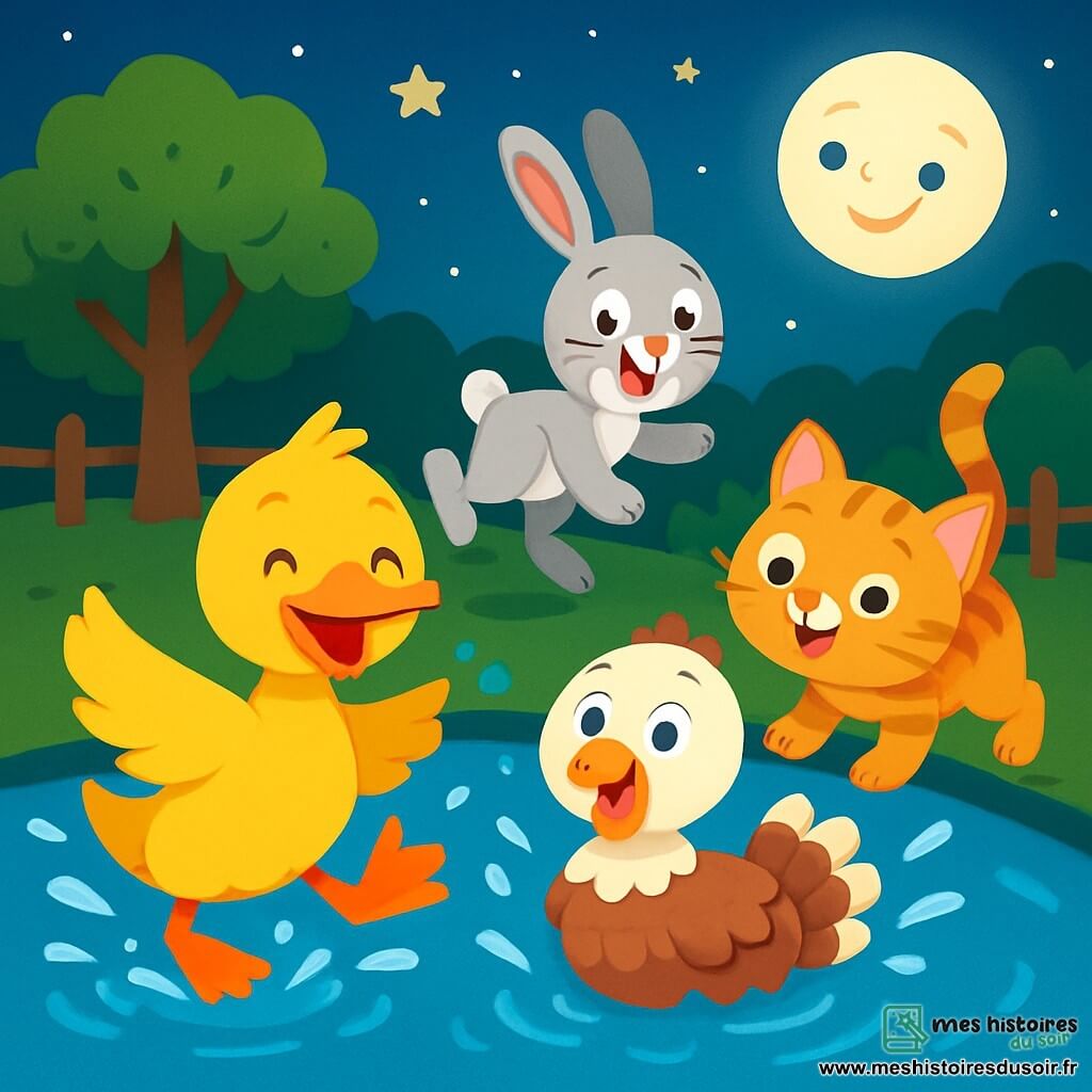 Pataud, un canard joyeux aux plumes jaunes, glisse sur une mare sous la lune, éclaboussant l'eau. À ses côtés, une dinde aux plumes blanches et marron rit en faisant des pirouettes. Un lapin aux grandes oreilles bondit joyeusement, prêt à sauter dans la mare, tandis qu'un chaton rayé orange se secoue, éclaboussant ses amis. La scène se déroule dans un zoo paisible, éclairé par la lune et les étoiles, où les amis s'amusent ensemble, créant une atmosphère de joie et de camaraderie.