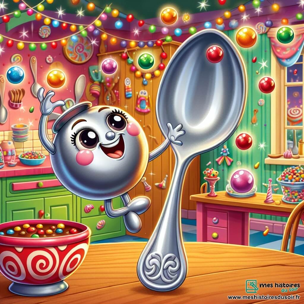 Au centre de l'image, une petite cuillère nommée Louise, brillante et argentée, jongle avec des boules de confiture colorées sur une table en bois, affichant un grand sourire. À côté, un bol rouge nommé Bertie applaudit avec fierté. En arrière-plan, la cuisine de Plikiploc est animée, avec des assiettes dansantes et des couteaux en pirouette, créant une ambiance joyeuse. Louise, entourée de ses amis, célèbre l'amitié et la magie de leur aventure.