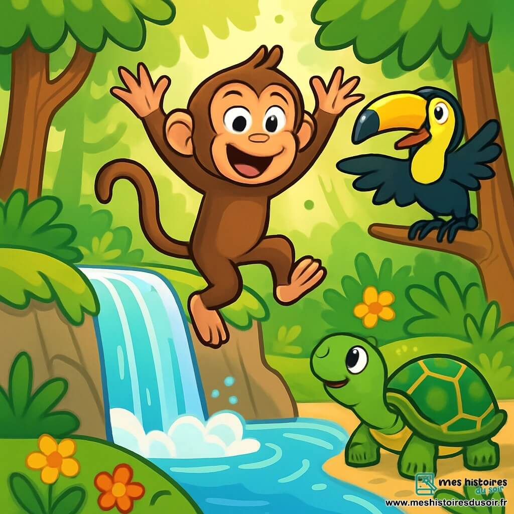 Malika, une petite guenon aux yeux pétillants et à la fourrure brune, se tient au bord d'une cascade d'azur, prête à plonger dans l'eau scintillante. À ses côtés, Oscar, un toucan au plumage jaune et noir, l'observe avec admiration, tandis que Lila, une tortue à la carapace verte ornée de motifs dorés, regarde la scène avec curiosité. Le décor est une forêt luxuriante, avec des arbres majestueux, des fleurs colorées et des rayons de soleil filtrant à travers le feuillage. Malika est entourée de ses amis, tous impatients de découvrir le mystère derrière le rideau d'eau, dans une atmosphère magique et joyeuse.