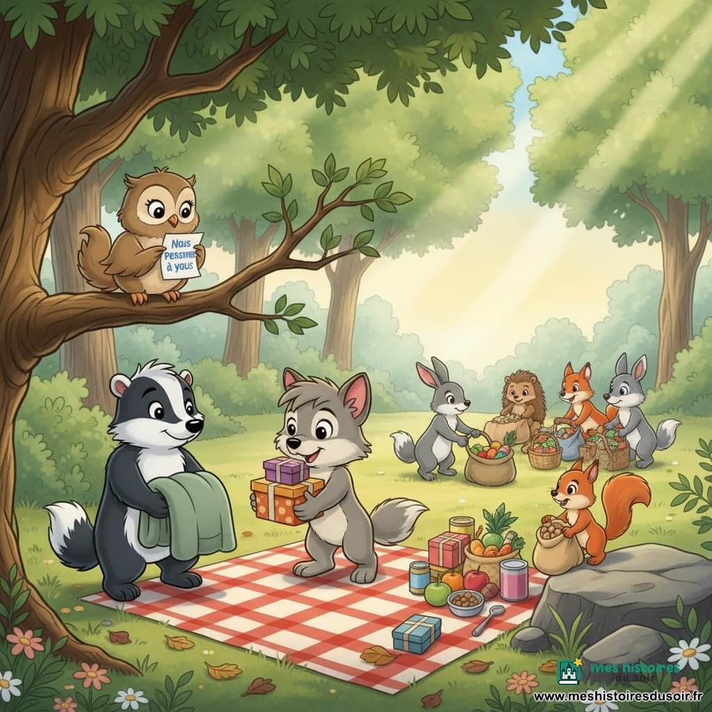 Petit Loup, un jeune loup gris aux grandes oreilles, organise une pile de colis sur une nappe à carreaux rouges et blancs au centre d'une clairière ensoleillée. Perchée sur une branche du vieux chêne, Chouette tient une feuille « Nous pensons à vous ». Écureuil grimpe sur un rocher avec un sac de noisettes, Blaireau apporte une couverture pliée près des provisions. En arrière-plan, lapins, hérissons et renardeaux déposent des paniers et forment une ronde. Atmosphère chaleureuse et solidaire, couleurs vives, expression douce et message d'entraide malgré le thème sérieux.