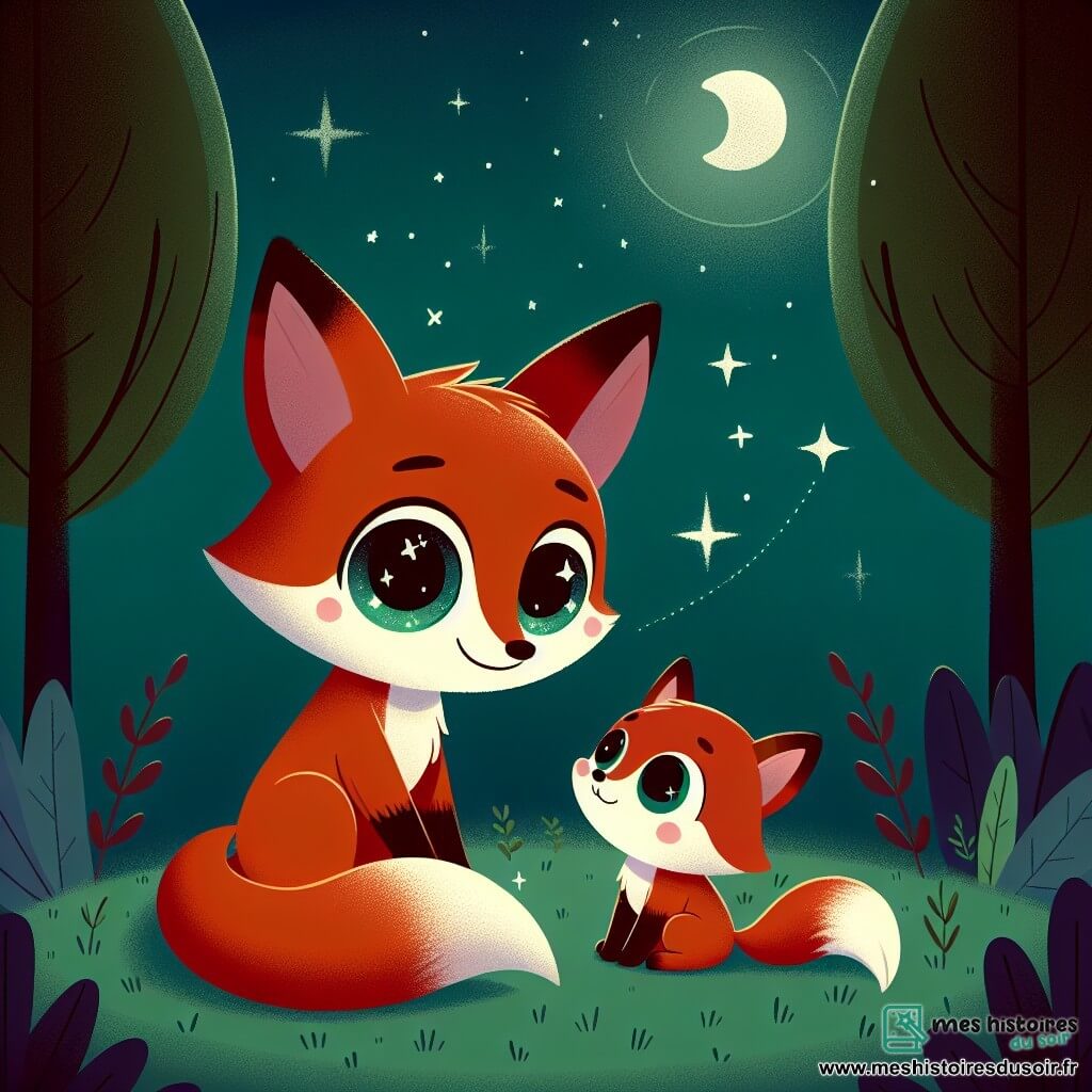 Un petit renard roux, nommé Roux, est au centre de la scène, regardant le ciel étoilé avec curiosité et une légère appréhension. À ses côtés, sa maman, une renarde au pelage doré, l'observe tendrement, prête à lui offrir son soutien. Le ciel nocturne est rempli d'étoiles scintillantes, éclairant la forêt sombre mais accueillante, créant une atmosphère magique et paisible. Roux, un peu nerveux, compte les étoiles, tandis que sa maman lui propose de chanter une chanson pour le rassurer. L'image dégage une sensation de calme et de chaleur, montrant que même dans l'obscurité, il y a de la beauté et de la sécurité.