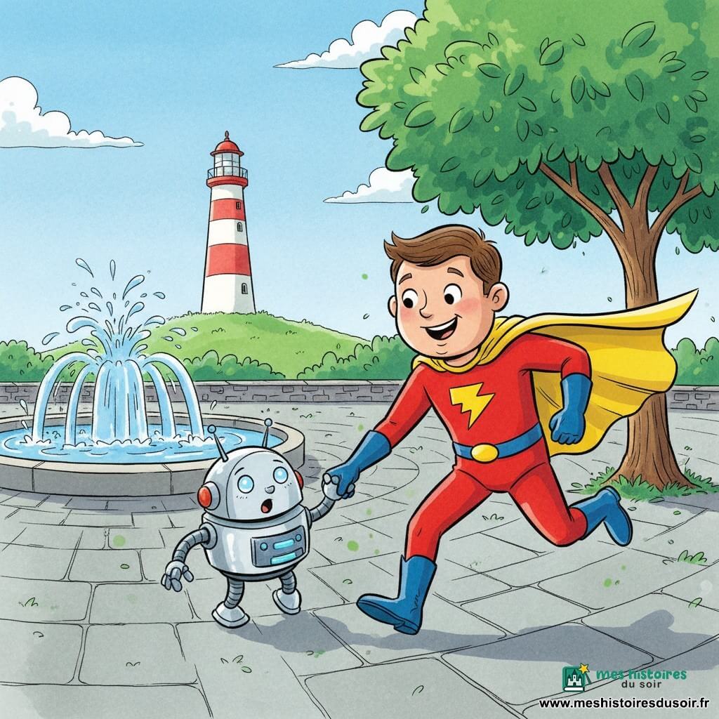 Zig Zap, un super-héros adulte souriant aux cheveux courts bruns, en costume rouge, cape jaune et bottes bleues, tend la main à un petit robot rond argenté aux lumières bleues ; ils avancent ensemble sur une grande place pavée avec une fontaine et un arbre, en direction d’un phare sur une colline, ambiance joyeuse et couleurs vives.