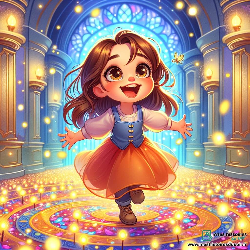 Une fille de 8 ans, Emma, aux cheveux châtains ondulés et aux yeux curieux, danse joyeusement sur un tapis de pétales dans le palais de lumière. Son visage exprime bonheur et sérénité, les bras ouverts comme pour embrasser la magie. Des lucioles dorées dansent autour d'elle, illuminant la scène. Le palais est enchanteur, avec des murs translucides scintillants, des couloirs flottants et une grande salle au plafond étoilé, où une fontaine diffuse une mélodie apaisante. Emma se laisse porter par la magie, respirant profondément et dansant avec légèreté, entourée de la beauté du palais.