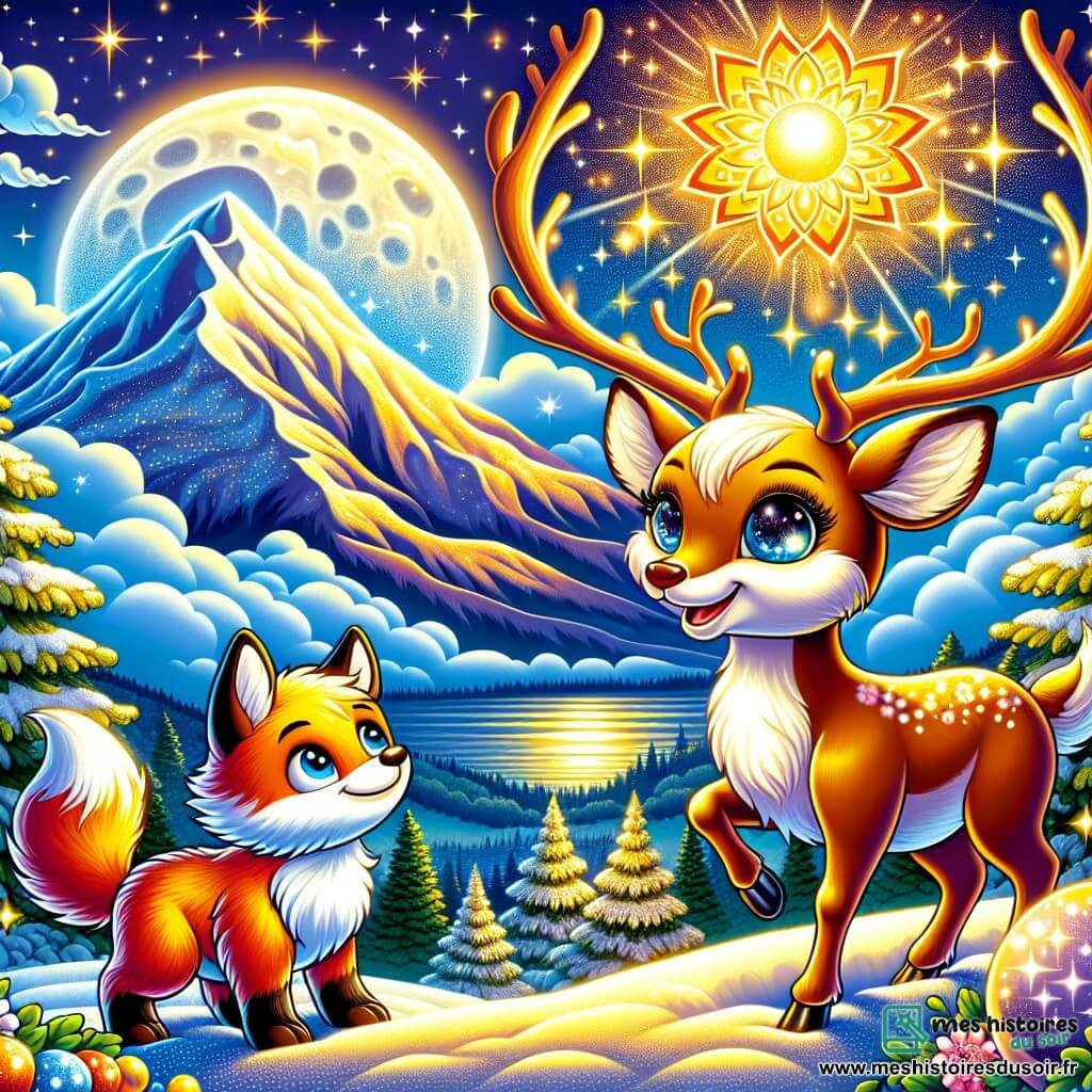 Un renne au pelage lumineux comme la lune, avec des yeux curieux et un sourire déterminé, se tient au sommet d'une montagne enneigée, entouré d'une lumière dorée d'une Fleur de Lumière. À ses côtés, une renarde au pelage éclatant observe la fleur avec émerveillement. En arrière-plan, la Montagne des Éclats se dresse majestueusement, tandis que des nuages flottent dans un ciel bleu clair. Le renne et la renarde sont unis dans leur quête, prêts à affronter l'ombre menaçante qui plane au-dessus d'eux, symbolisant leur courage et leur amitié.