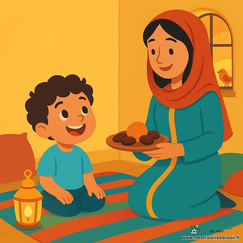 Youssef, un petit garçon de 4 ans aux cheveux bruns et bouclés, porte une chemise bleu ciel et sourit joyeusement. Assis sur un tapis coloré, il regarde une lampe qui brille à côté de lui. Sa maman, une femme douce d'environ 30 ans avec des cheveux longs et noirs, se tient près de lui, souriante, tenant une assiette avec une orange et des dattes. La scène se déroule dans une pièce chaleureuse aux murs jaunes avec des coussins colorés, où la lumière dorée du soleil couchant crée une ambiance paisible. Youssef attend la rupture du jeûne, entouré de l'amour de sa maman, écoutant le chant d'un petit oiseau sur le rebord de la fenêtre.