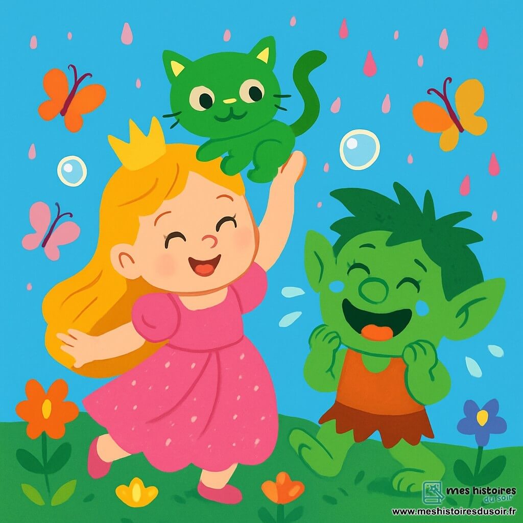 Une princesse joyeuse, avec de longs cheveux dorés et une robe rose scintillante, danse dans un jardin enchanté, tenant un petit chat vert qui saute sur son chapeau. À côté, un troll rigolo, avec une peau verte et des cheveux en désordre, pleure de joie en riant. Le jardin est rempli de fleurs colorées sous un ciel bleu clair, avec des bulles de savon flottant autour d'eux. La princesse et le troll partagent un moment magique, entourés de papillons multicolores, tandis qu'une pluie douce de confiture tombe sur eux, créant une atmosphère festive.