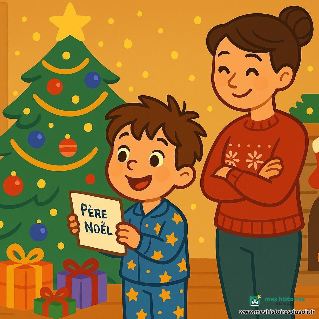 Un petit garçon de 4 ans, Arthur, avec des cheveux châtains en désordre et des yeux pétillants de joie, se tient devant un sapin de Noël décoré, souriant. Il porte un pyjama bleu avec des étoiles dorées et tient une lettre au Père Noël. À ses côtés, sa maman, Sophie, une femme d'environ 30 ans avec des cheveux bruns en chignon et un pull rouge à motifs de flocons de neige, le regarde avec tendresse, les bras croisés. Le salon est chaleureux, rempli de lumières scintillantes et de décorations de Noël, avec des cadeaux autour du sapin et une cheminée dégageant une douce chaleur. Arthur, émerveillé, découvre la magie de Noël, prêt à poster sa lettre.