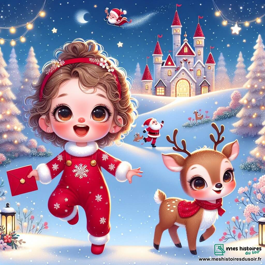 Une petite fille de 1 an, Lila, avec de grands yeux et des cheveux bouclés, porte une combinaison rouge à motifs de flocons de neige. Elle est joyeuse, sautillant dans la neige avec une lettre rouge dans les mains. À côté d'elle, un renne mignon au pelage brun sourit. Le décor est un paysage hivernal féerique avec des arbres enneigés, des maisons illuminées et un ciel étoilé. Lila et le renne arrivent au pôle Nord, devant le château du Père Noël, où elle tend la lettre au Père Noël qui les accueille avec un sourire, créant une atmosphère magique.