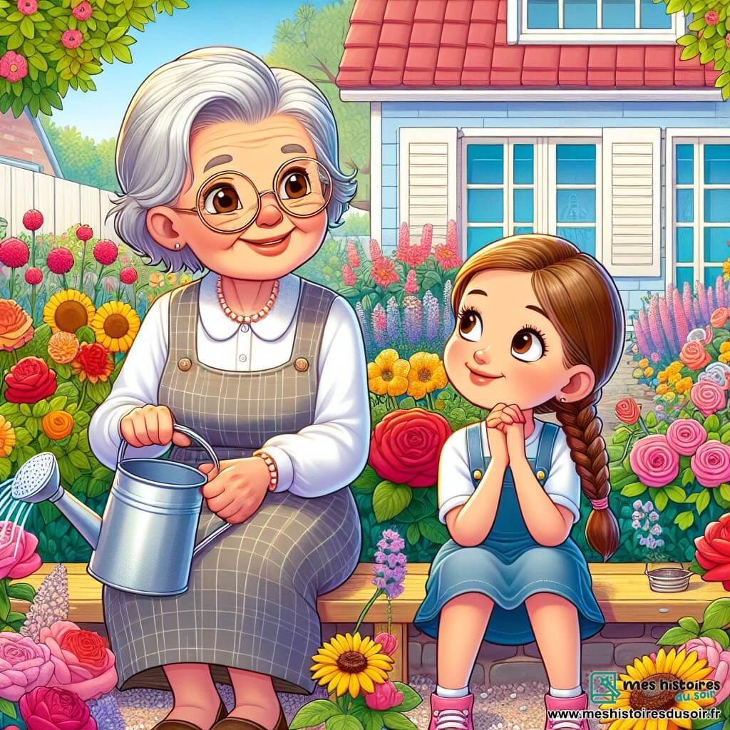 Madame Lucie, une femme de 65 ans aux cheveux argentés et lunettes rondes, sourit en arrosant ses plantes dans son jardin fleuri. À côté d'elle, Zoé, une fille de 10 ans aux cheveux bruns en tresses, écoute attentivement. Le jardin est rempli de fleurs colorées et un chemin en gravier serpente à travers les parterres. La maison de Madame Lucie, peinte en bleu pastel, est en arrière-plan. Elles partagent des souvenirs joyeux, évoquant des moments passés en classe, sous un soleil doux qui crée une ambiance chaleureuse.