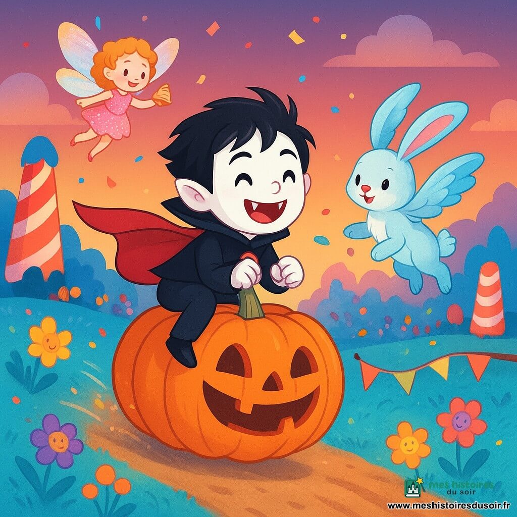 Victor, un jeune vampire au teint très pâle et aux petites canines visibles, sourit joyeusement, cheveux noirs en bataille et cape rouge flottante, assis en équilibre sur une grosse citrouille anthropomorphe victorieuse au visage riant qui roule vite; mains serrées, posture dynamique comme s’il filait à toute vitesse. À côté, un lapin-oiseau femelle bleu pastel aux longues oreilles plumeuses saute en battant des ailes et tend une petite bannière, tandis qu’une petite fée en robe rose pailletée aux ailes arc-en-ciel vole derrière en agitant une clochette; le tout dans une prairie surréaliste à herbe bleu vif, fleurs colorées, arbres en sucres d’orge, une rivière de chocolat et un ciel crépusculaire violet‑orange, scène d’une course de citrouilles festive animée par fanions, confettis, spectateurs fantastiques et lignes de vitesse.