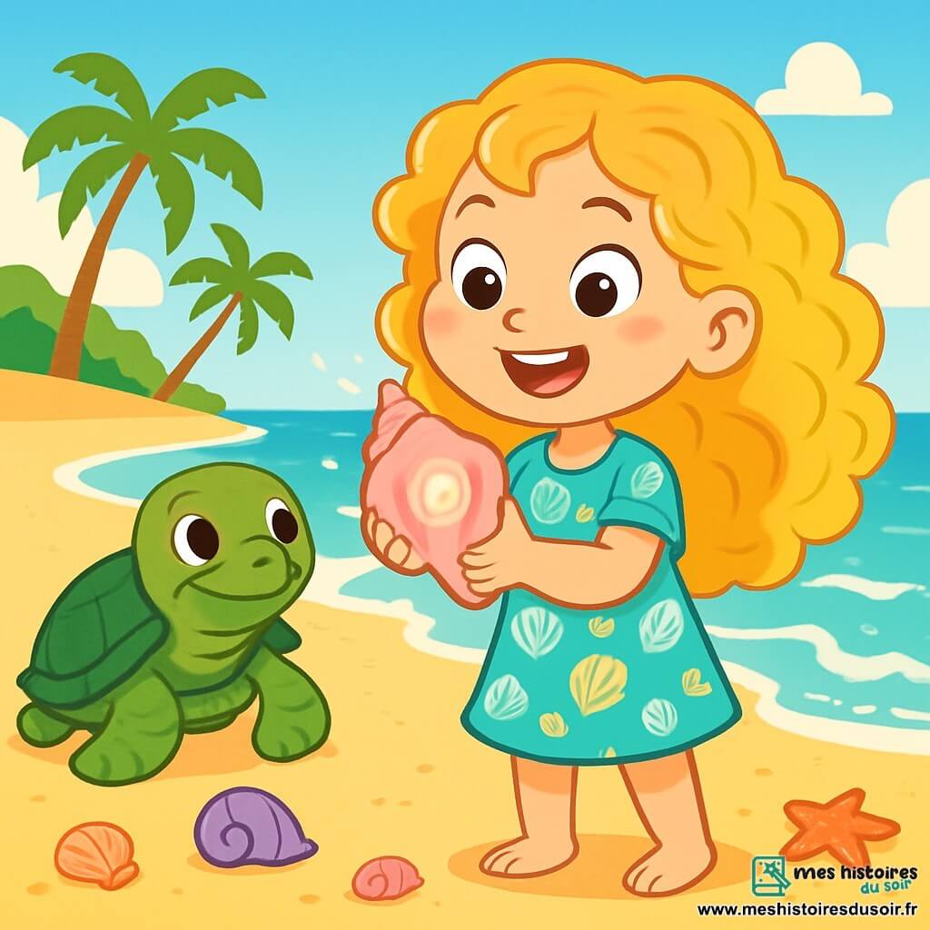 Zoé, une petite fille de 6 ans, se tient sur une plage de sable doré, les yeux brillants et un grand sourire. Elle a de longs cheveux bouclés et porte une robe légère à motifs de coquillages. Dans ses mains, elle tient un coquillage magique, prête à plonger dans l'eau. À ses côtés, une vieille tortue marine l'observe avec bienveillance. Le décor est une belle plage ensoleillée avec des vagues turquoise, des coquillages colorés et des palmiers au loin. Zoé, courageuse, est prête à plonger dans l'océan à la recherche de la perle de lumière, tandis que la tortue lui offre son soutien.