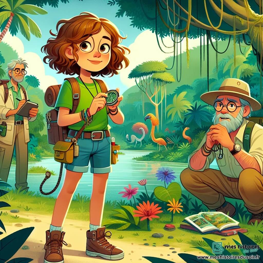 Camille, une jeune fille de douze ans, se tient au centre de la scène, les yeux brillants d'excitation. Elle a des cheveux châtains bouclés, un t-shirt vert et un short en denim, avec un sac à dos rempli d'outils d'exploration. Elle tient une boussole et un carnet de notes, prête à découvrir la jungle. À ses côtés, le professeur Alaric, un homme d'environ cinquante ans avec une barbe grisonnante, examine une plante rare avec une loupe. Leo, un jeune homme de dix-huit ans, est accroupi près d'une rivière, tenant un artefact ancien. La scène se déroule dans une jungle luxuriante, avec des arbres géants, des lianes et des fleurs colorées, tandis que des oiseaux exotiques volent au-dessus. Camille et ses compagnons explorent, découvrant des trésors cachés avec excitation.