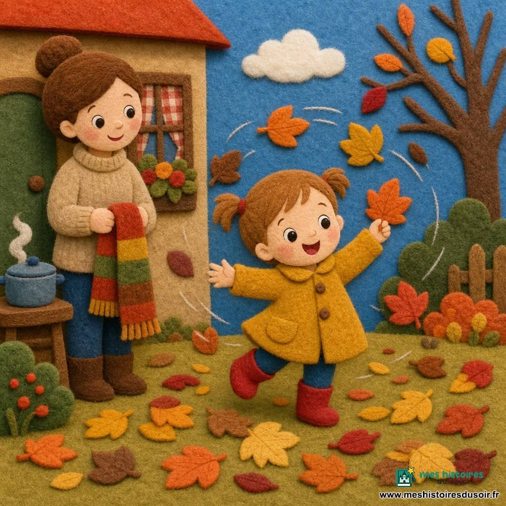 Une fillette de 2 ans, joyeuse et curieuse, petite silhouette ronde, cheveux châtain clair en deux couettes, tient une feuille orange et sourit ; elle porte un manteau jaune moutarde et des bottes rouges. Sa maman d'environ 30 ans, souriante et tendre, cheveux bruns en chignon, pull beige et bottes brunes, se tient près de la porte à gauche en tenant une écharpe rayée. Devant la maison, jardin d'automne couvert de feuilles jaunes, rouges et brunes, arbres aux branches fines, ciel bleu pâle ; une fenêtre à rideau à carreaux et une table avec une marmite fumante sont visibles derrière. La scène montre la fillette imitant la danse des feuilles, feuilles tourbillonnantes en mouvement circulaire, ambiance douce et chaleureuse. Style visuel : formes simples en feutrine, couleurs chaudes saturées, contours doux et textures laineuses visibles.