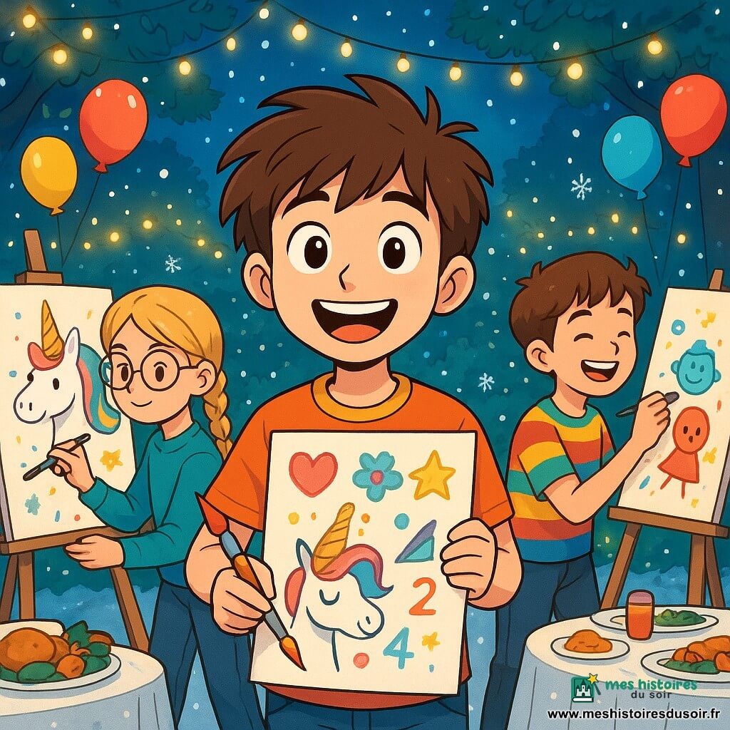 Un garçon de 12 ans, Milo, aux cheveux bruns ébouriffés et aux yeux pétillants, se tient dans un jardin illuminé par des guirlandes scintillantes. Il sourit en tenant un pinceau coloré et un grand papier décoré de résolutions. À ses côtés, Louise, une fille de 11 ans avec des cheveux blonds tressés et des lunettes rondes, peint une licorne. Un peu plus loin, Tom, un garçon de 12 ans avec des cheveux châtains, rit en ajoutant des personnages à la fresque. Le jardin est décoré de lumières festives, de flocons de neige, de tables avec des plats de fête et de ballons colorés. La scène montre Milo et ses amis créant une fresque vibrante pour célébrer le Nouvel An, remplie de couleurs et de rêves, tandis que la magie de la soirée s'installe.