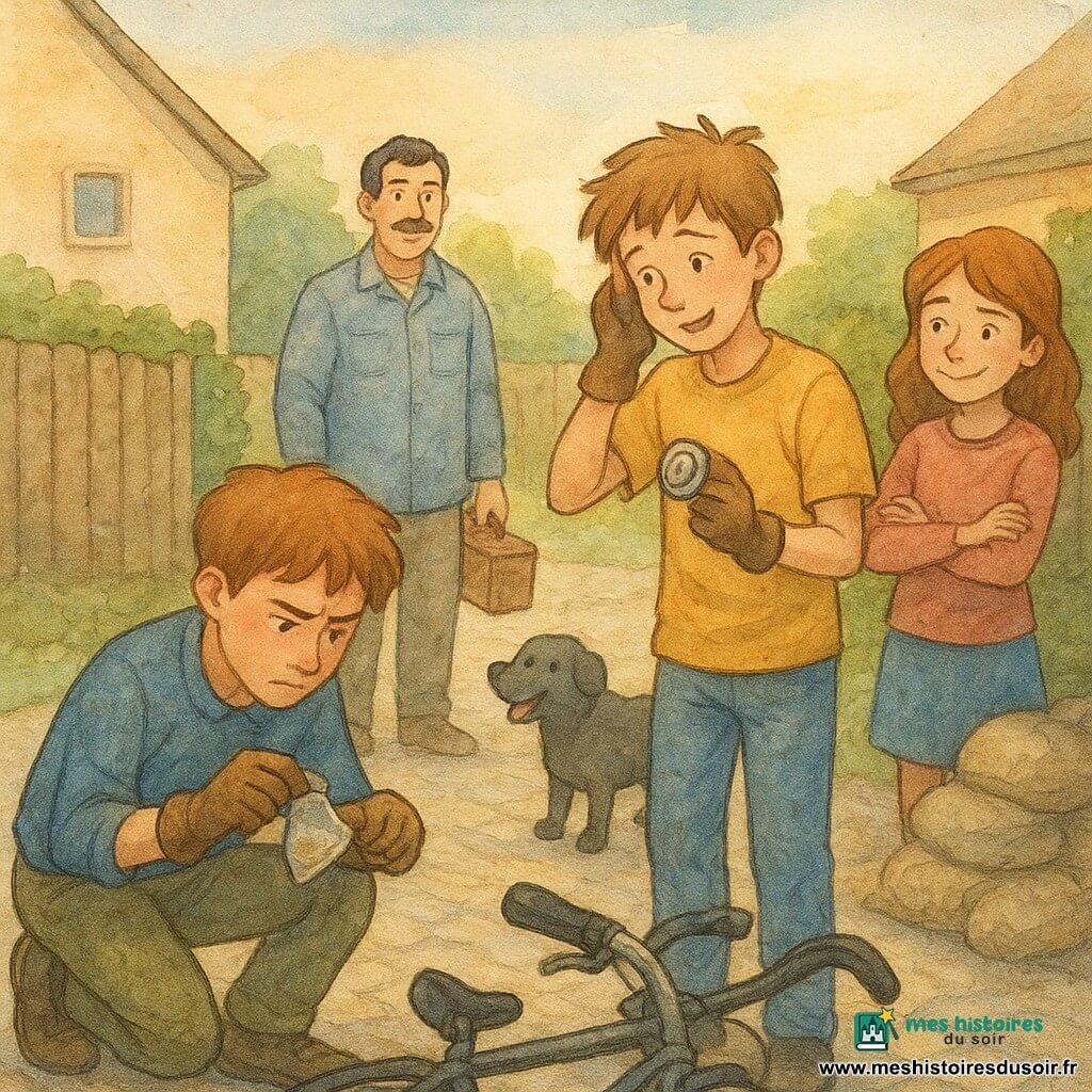 Noé, 12 ans, accroupi et concentré, tient un petit sachet de sable près d’un guidon de vélo cassé; Hugo, 12 ans, soulagé et un peu embarrassé, tient la sonnette abîmée; Lina, ~11 ans, sourit en observant, bras croisés près d’un portail en bois; Monsieur Legrand, moustachu en veste de travail, tient une boîte à outils devant son garage; le chien Carbone remue la queue avec quelques grains de sable sur le pelage; scène dans une allée pavée entre pavillons avec sacs de sable, haies et lumière douce de fin d’après‑midi, style aquarelle aux tons pastels, textures granuleuses et contrastes doux.