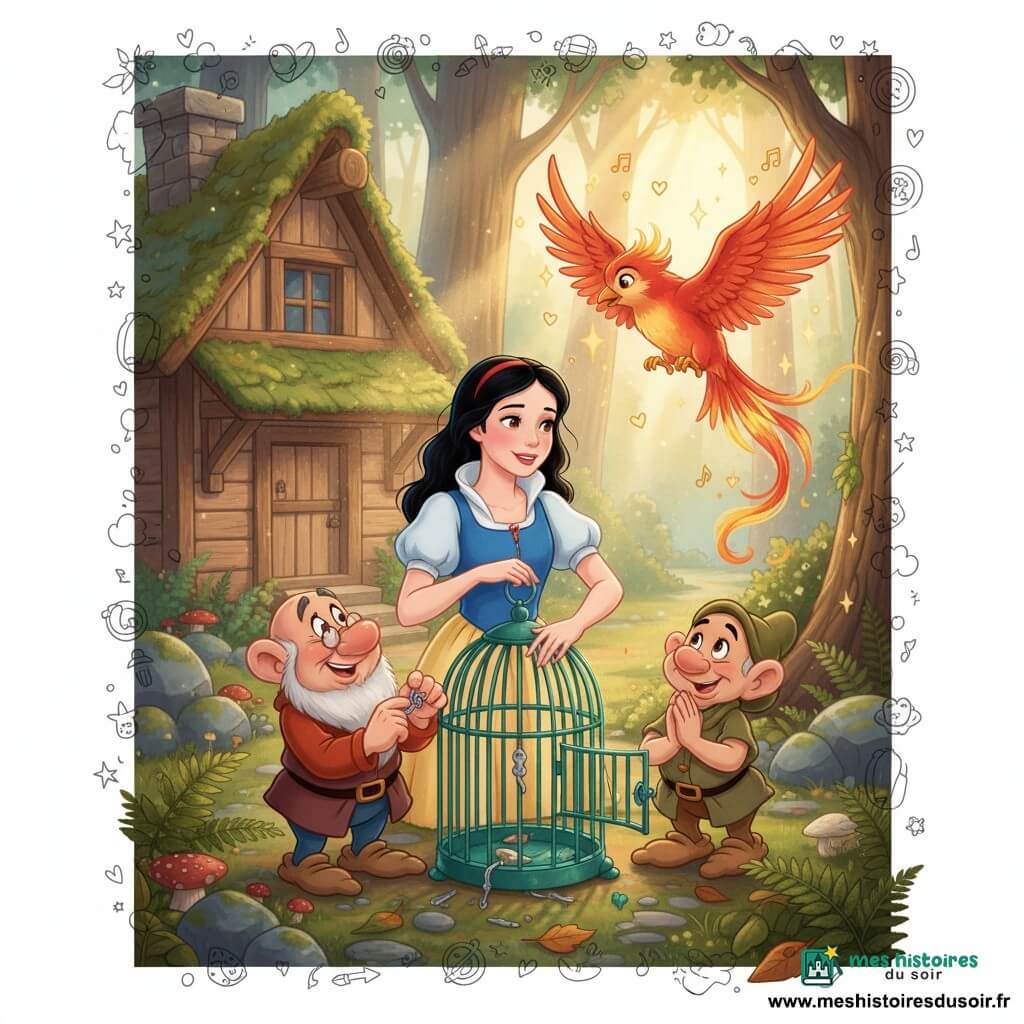 Blanche-Neige au centre, visage doux et déterminé, cheveux noirs, robe blanche et bleue à manches bouffantes, main sur une cage d’émeraude réparée, regard vers un oiseau flamboyant rouge, orange et or s’envolant, ailes déployées et éclats lumineux avec petites notes musicales en doodles ; Doc à gauche, nain d’environ 60 ans, petite barbe grise et lunettes rondes, tourne une clé d’argent dans le loquet ; Simplet à droite, nain d’environ 30 ans, sourire naïf, mains jointes, émerveillé ; clairière matinale devant une maisonnette en bois couverte de mousse, fougères et champignons, rayons de soleil dorés, sol de feuilles et pierres moussues ; porte de la cage ouverte, expressions de joie et de gratitude, ambiance chaleureuse et magique, couleurs saturées et textures douces, doodles (cœurs, étoiles, notes) autour.