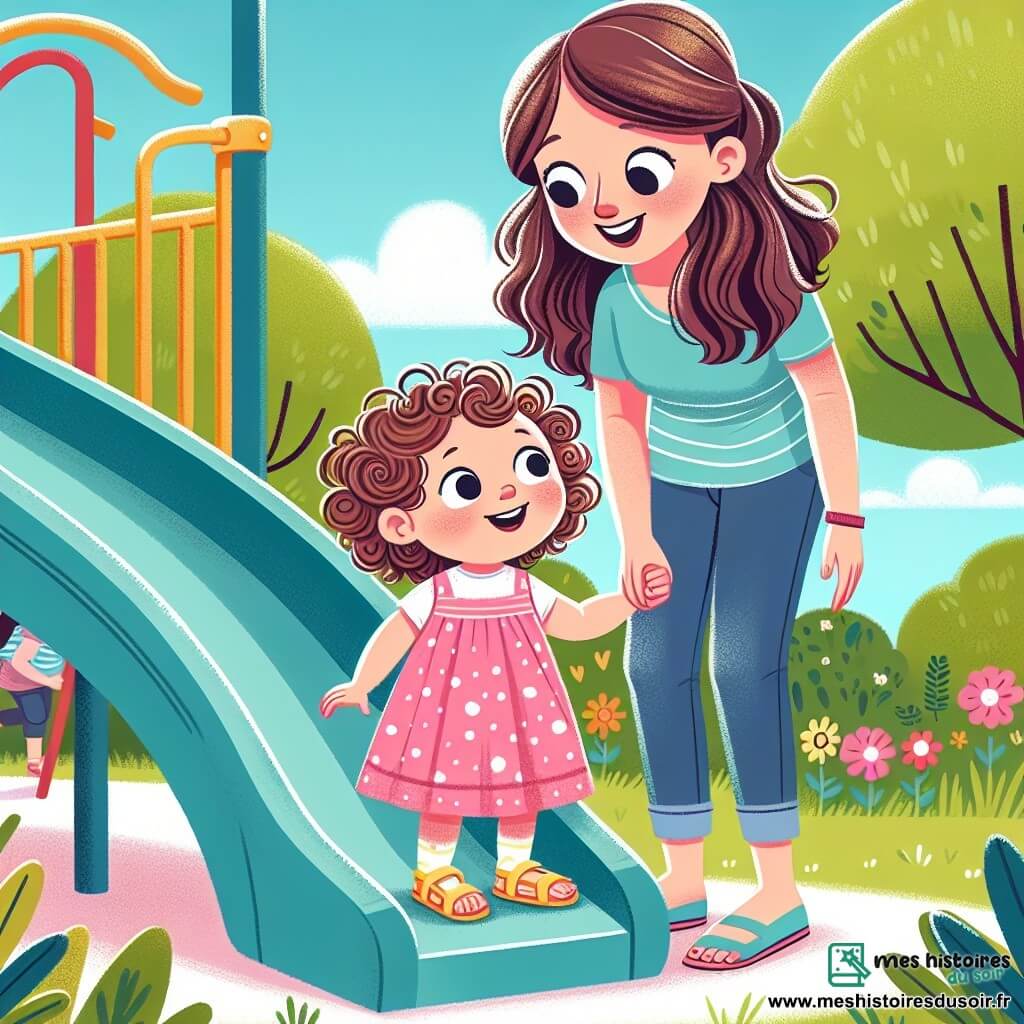 Une petite fille de 2 ans, Lola, avec de grands yeux brillants et des cheveux bouclés châtains, regarde le toboggan avec excitation et appréhension. Elle porte une robe rose à pois blancs et des sandales jaunes. À côté d'elle, sa maman souriante d'environ 30 ans, aux cheveux longs et lisses, vêtue d'un t-shirt bleu et d'un jean, l'encourage avec un regard chaleureux. Le parc est verdoyant avec des arbres, des fleurs colorées et un ciel bleu. Lola, au sommet du toboggan, prête à glisser, prend une grande inspiration, s'assoit et s'élance, un grand sourire sur le visage.