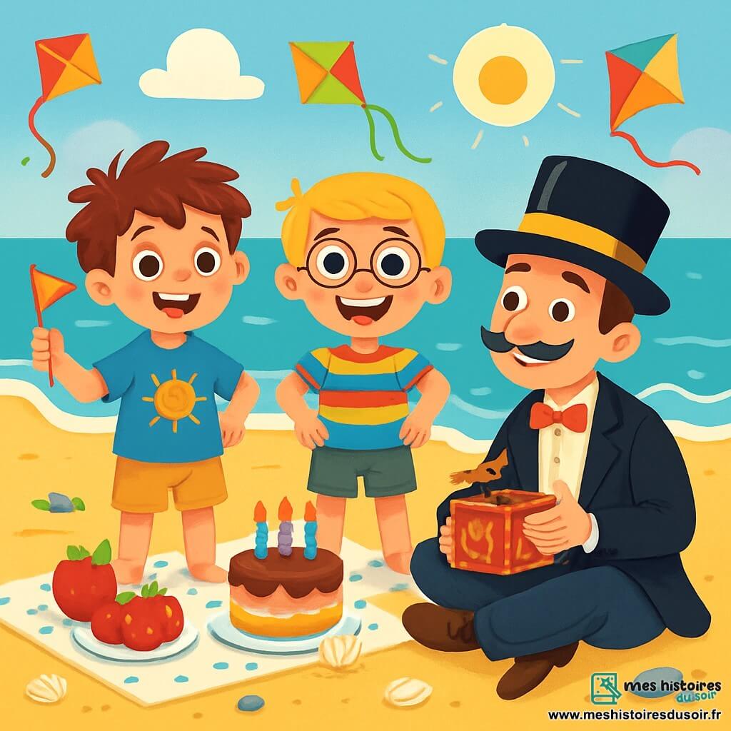 Il y a trois personnages : Milo, un garçon de 7 ans avec des cheveux bruns en bataille, des yeux pétillants, un t-shirt bleu et un short beige, souriant avec un petit drapeau coloré ; Sami, un garçon de 7 ans avec des cheveux blonds, des lunettes rondes, une chemise à rayures multicolores et un short vert, se tenant à côté de Milo, les mains sur les hanches ; et Monsieur Chamallow, un homme adulte avec un chapeau brillant, une veste noire trop grande, une moustache fine, assis sur le sable avec une boîte à musique. L'action se déroule sur une plage ensoleillée avec du sable doré et des vagues douces, où Milo et Sami préparent un anniversaire joyeux, partageant un gâteau, tandis que Monsieur Chamallow les observe, prêt à réaliser un tour de magie. L'atmosphère est festive et pleine de joie.